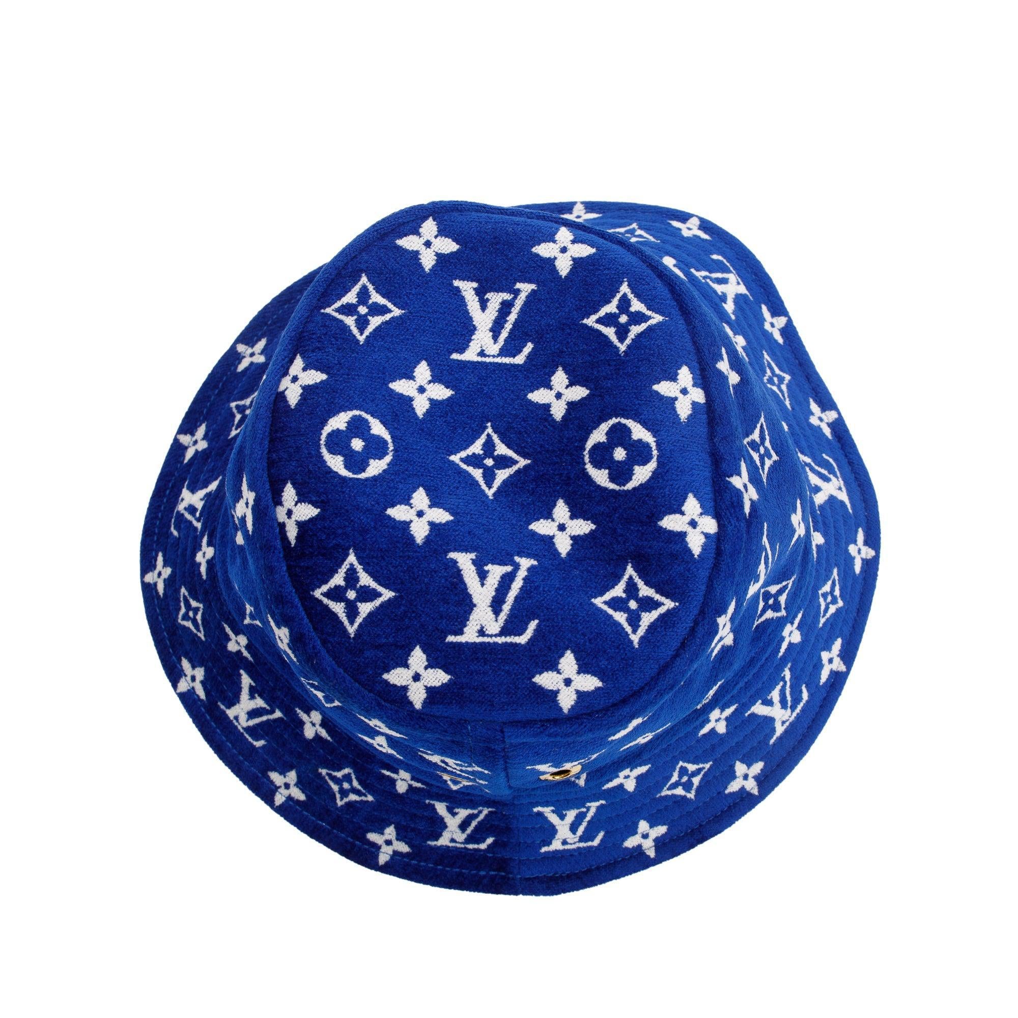 Louis Vuitton Blue & White Jacquard Velvet Monogram Match Reversible Bucket Hat, Size M