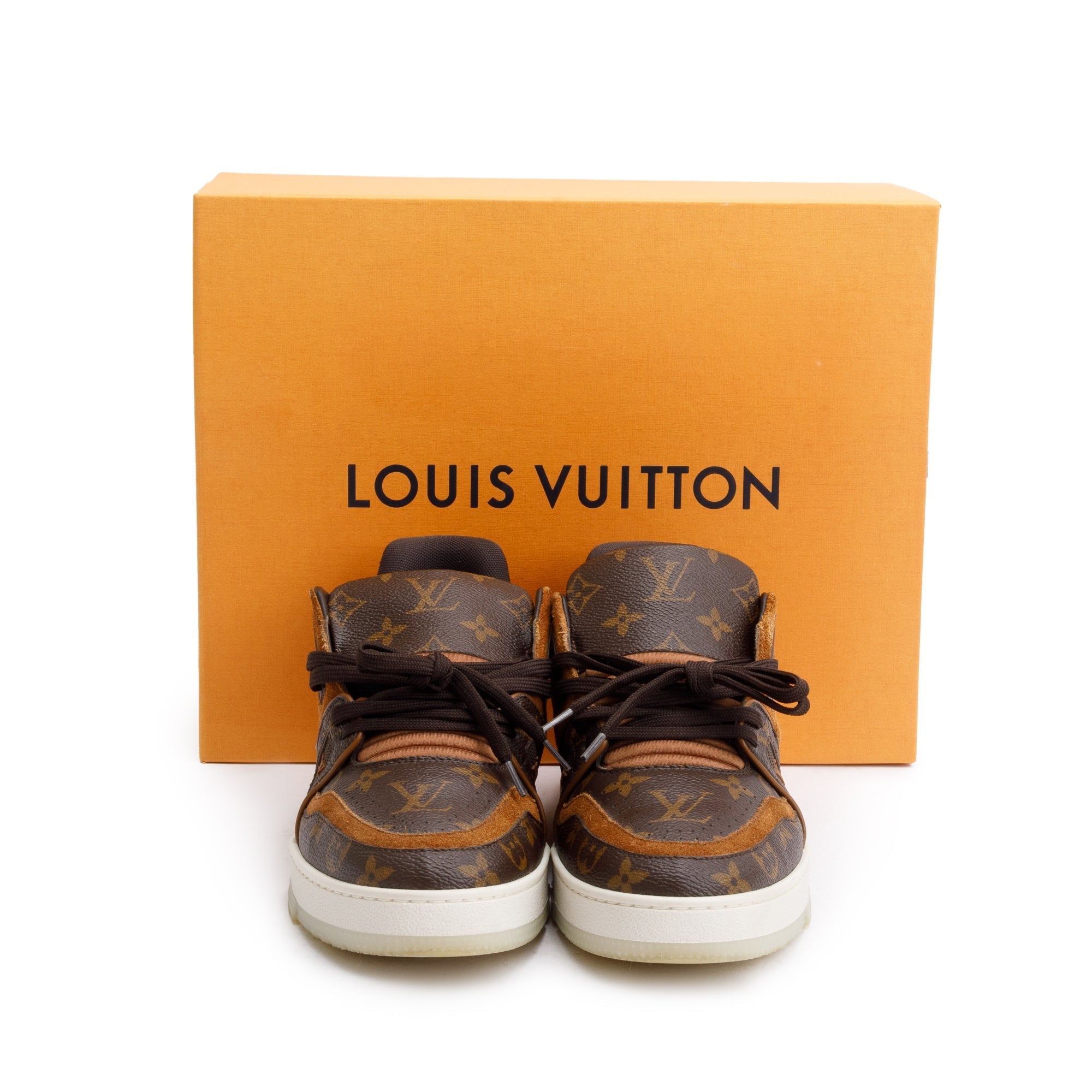 Louis Vuitton Brown Monogram Canvas Suede Calf LV Trainer Sneakers, Size 6 w/ Box & Receipt