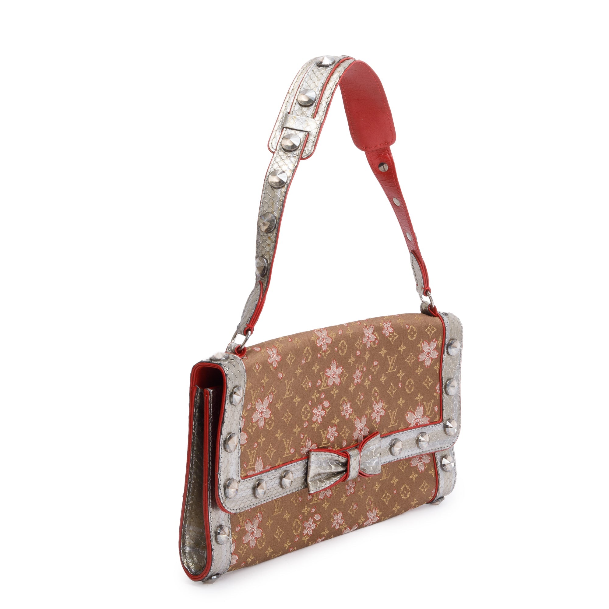 Louis Vuitton Brown Monogram Cherry Blossom Satin Silver Python Trim Crystal Amarene Shoulder Bag