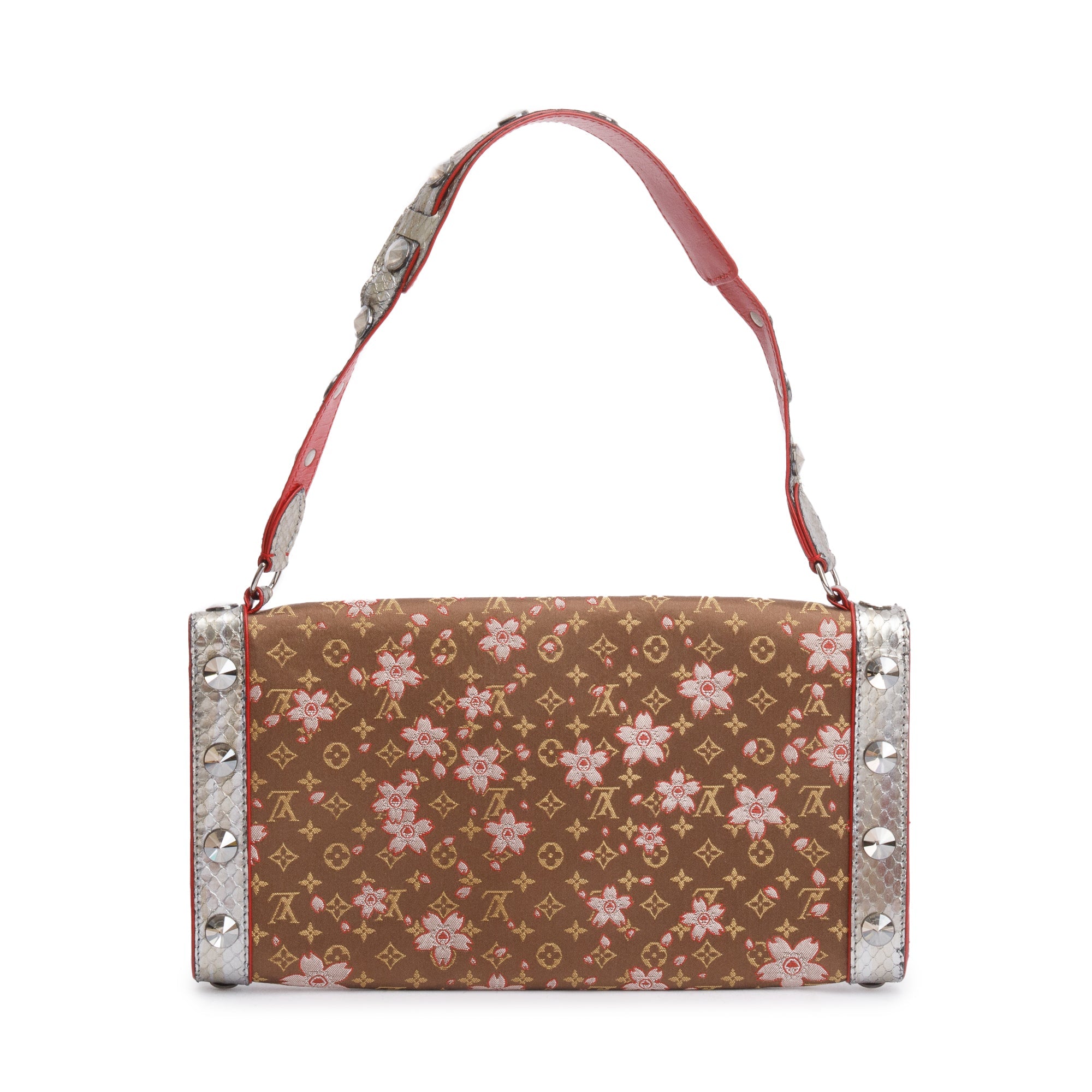 Louis Vuitton Brown Monogram Cherry Blossom Satin Silver Python Trim Crystal Amarene Shoulder Bag