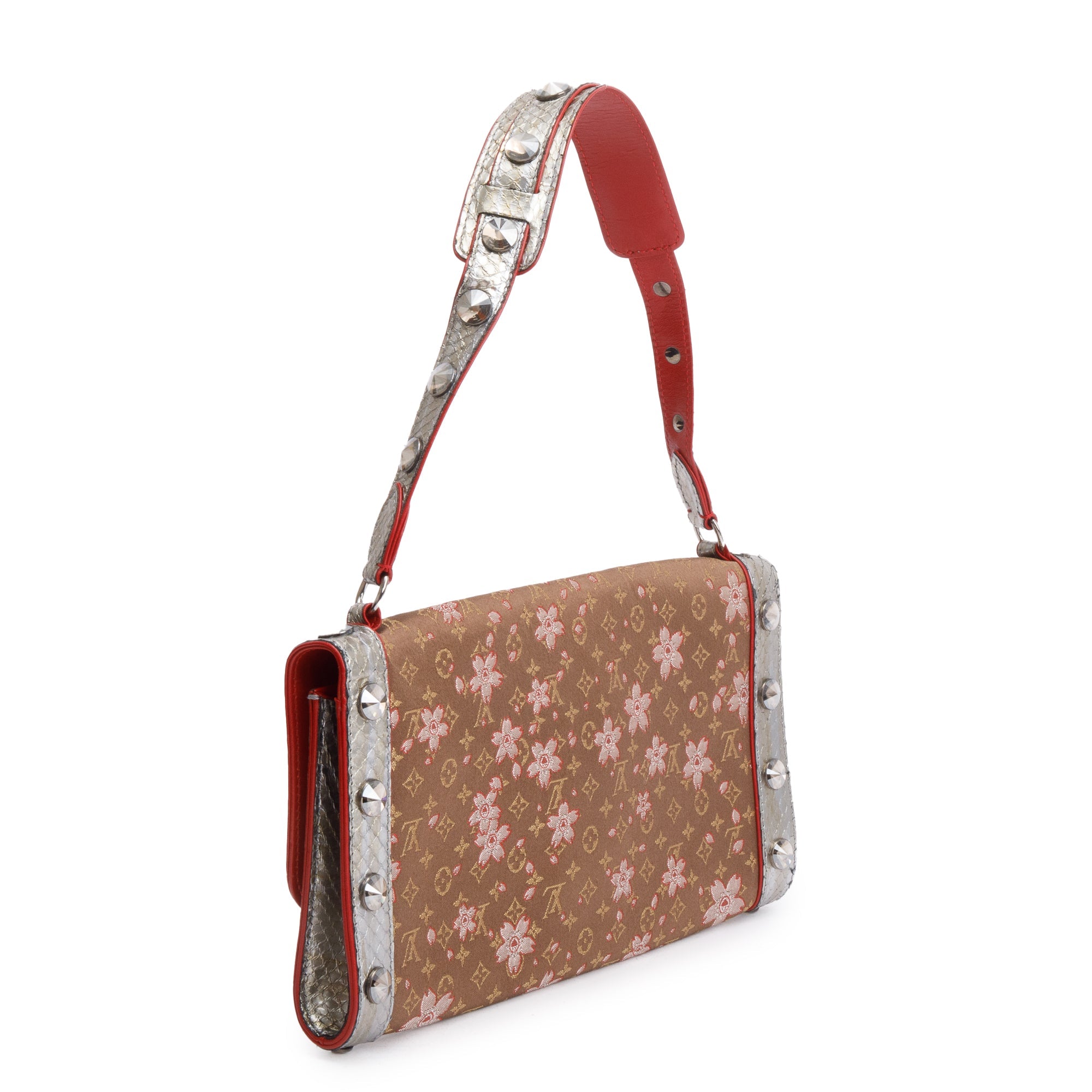Louis Vuitton Brown Monogram Cherry Blossom Satin Silver Python Trim Crystal Amarene Shoulder Bag