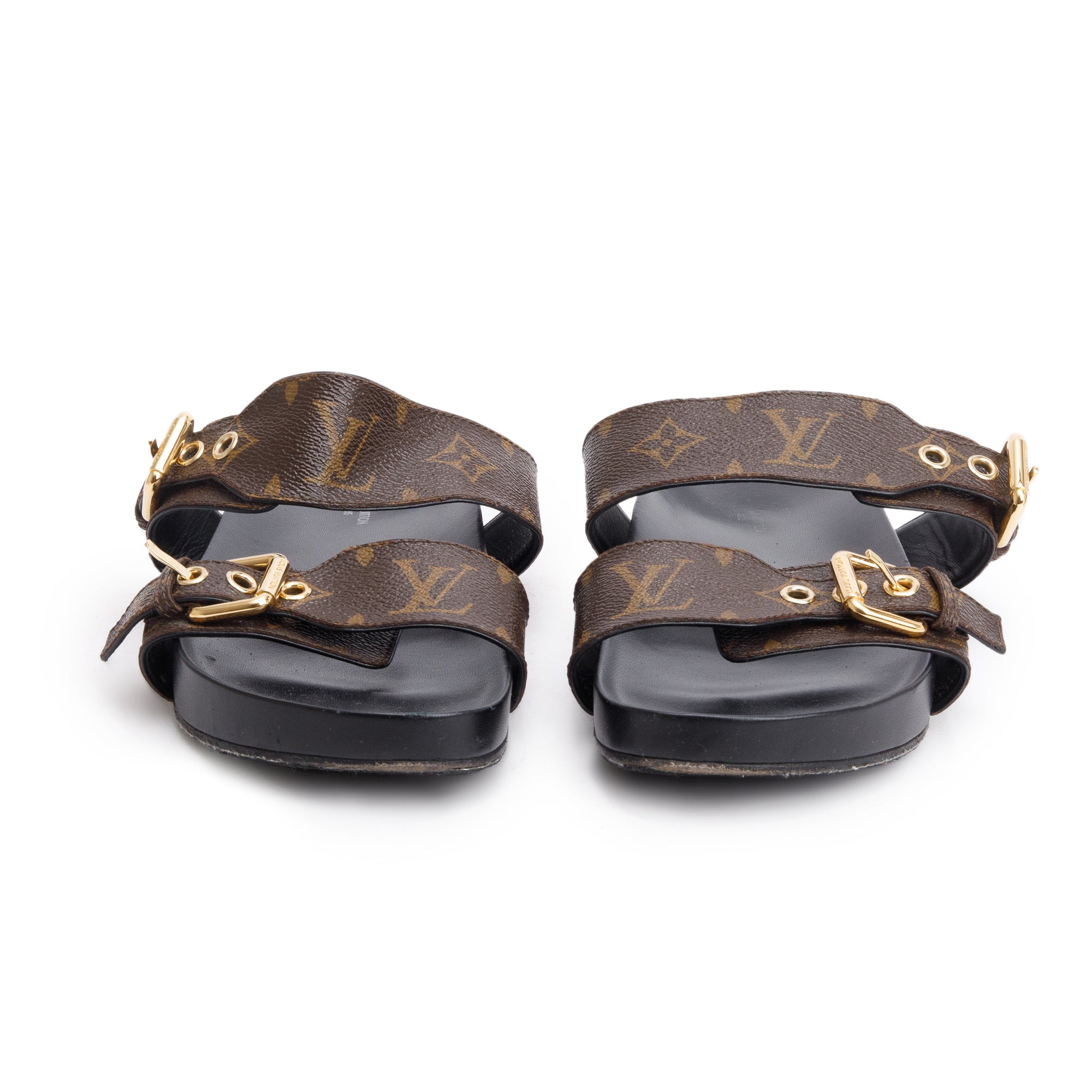Louis Vuitton Brown Monogram Macassar Bom Dia Mule Slides, Size 36