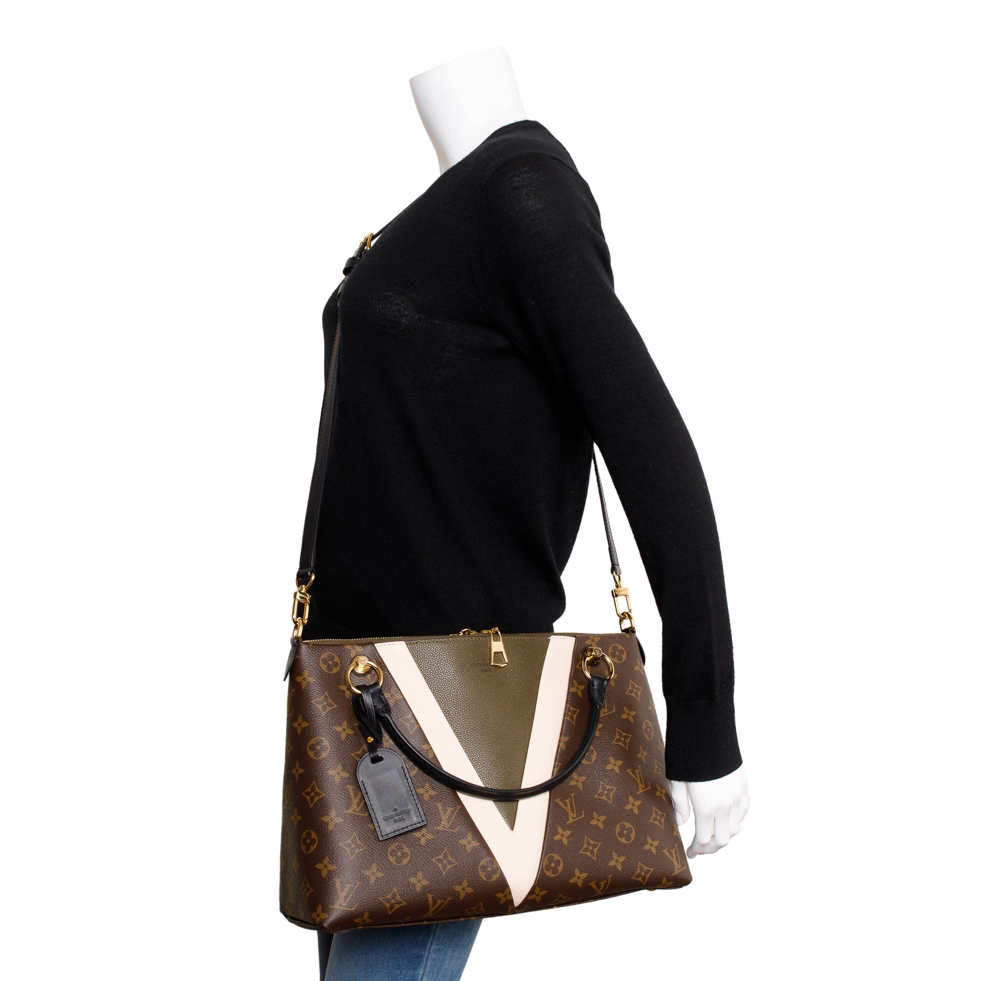 Louis Vuitton Creme & Khaki Leather Monogram V Tote MM w/ Strap