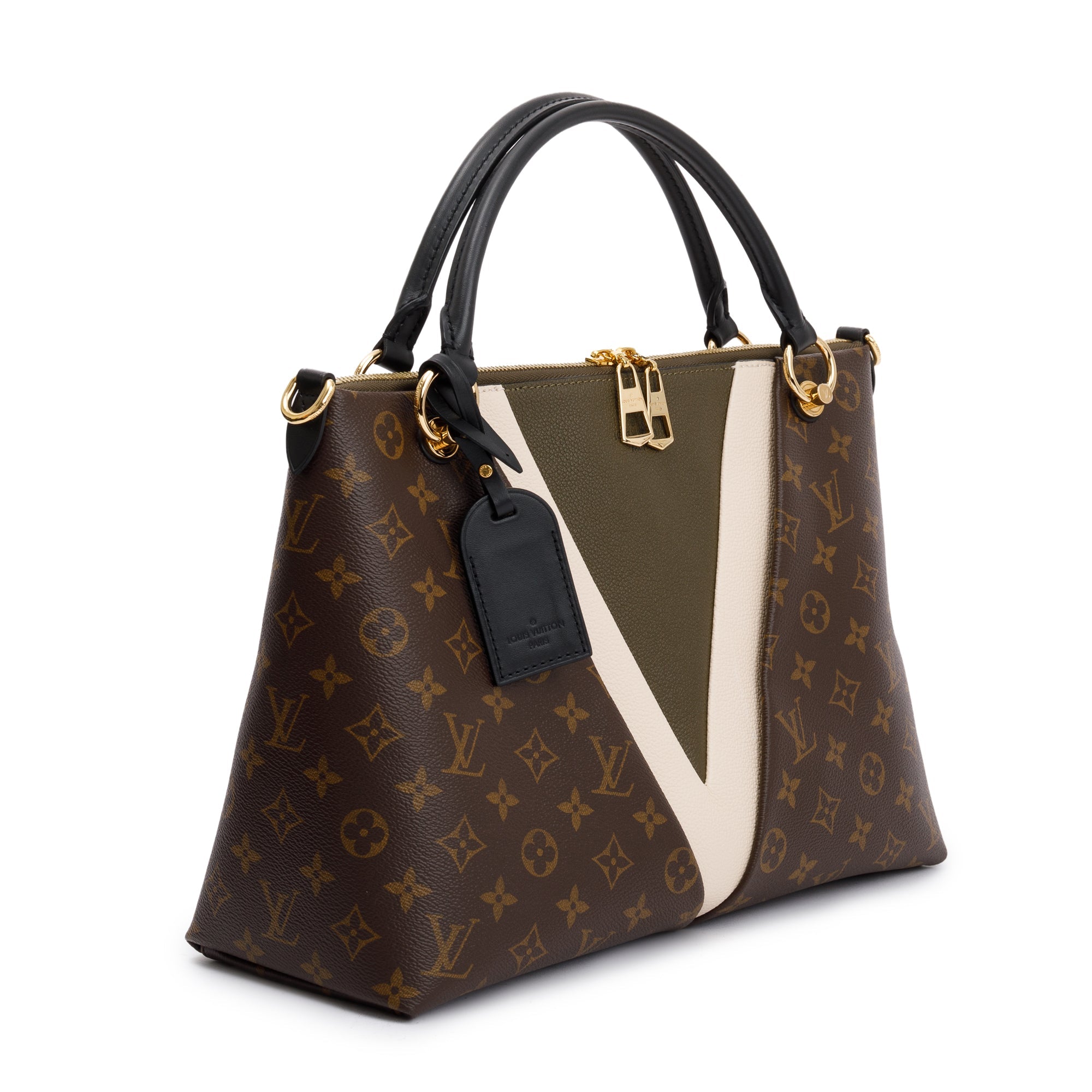Louis Vuitton Creme & Khaki Leather Monogram V Tote MM w/ Strap