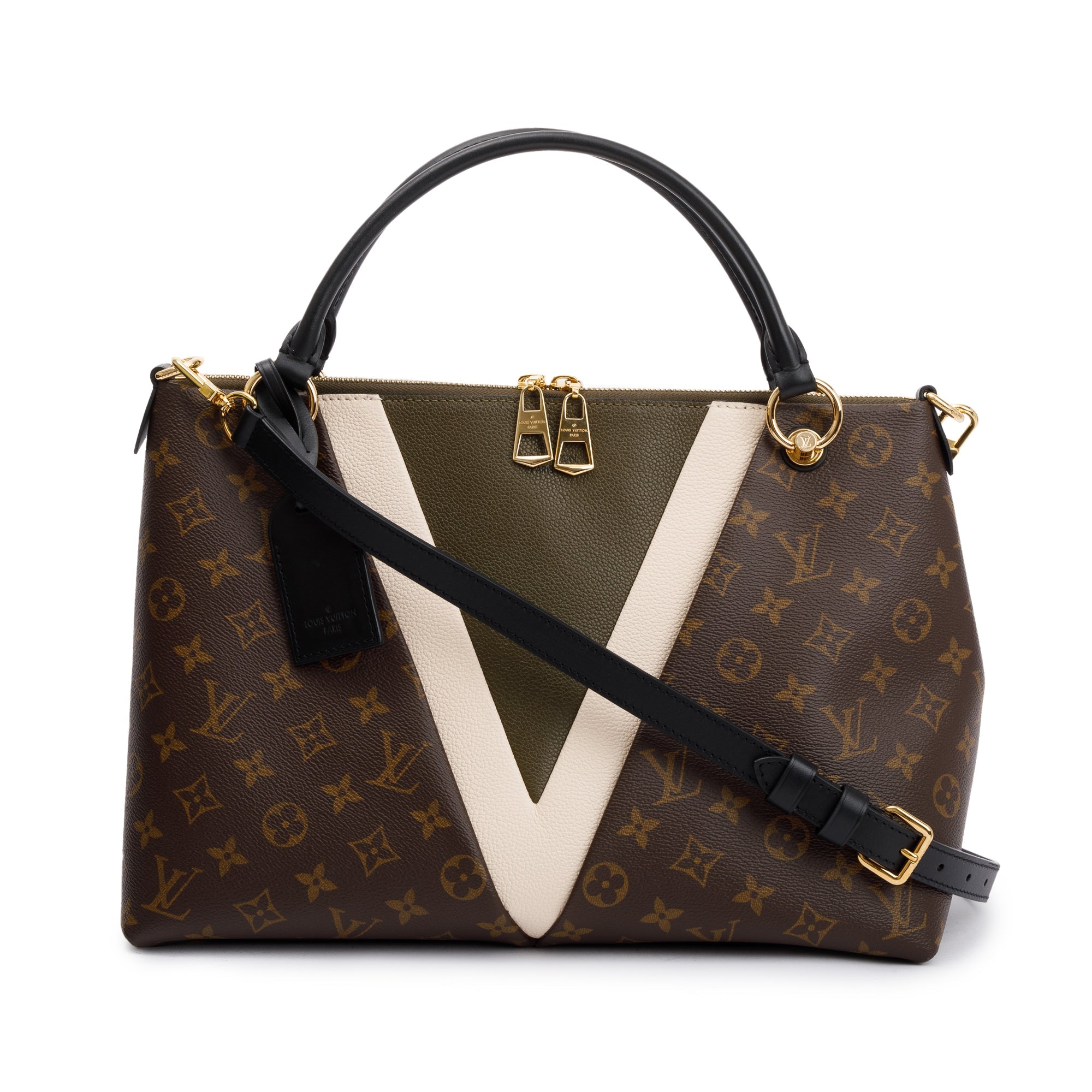 Louis Vuitton Creme & Khaki Leather Monogram V Tote MM w/ Strap
