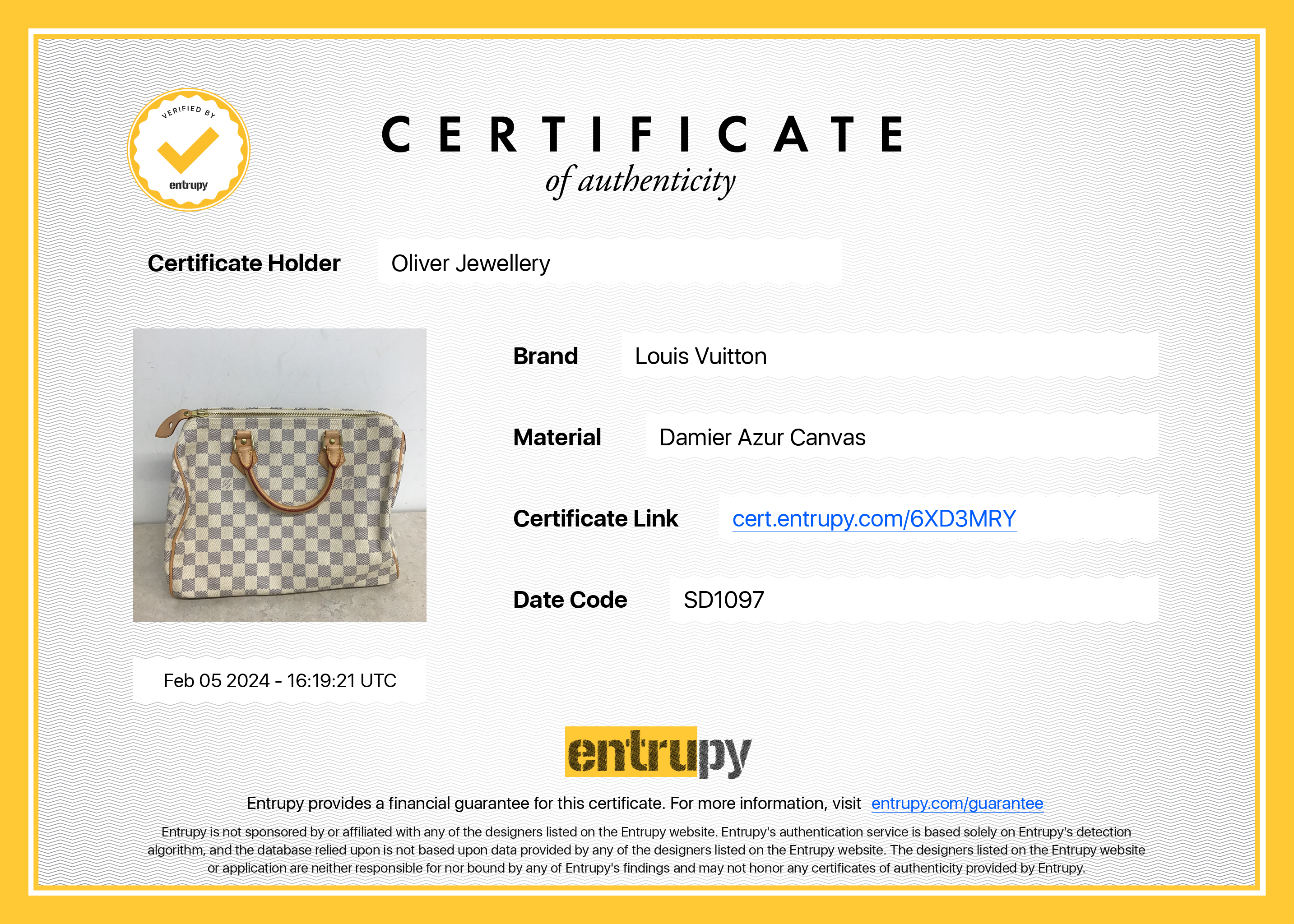 Louis Vuitton Damier Azur Speedy 30 w/ Receipt