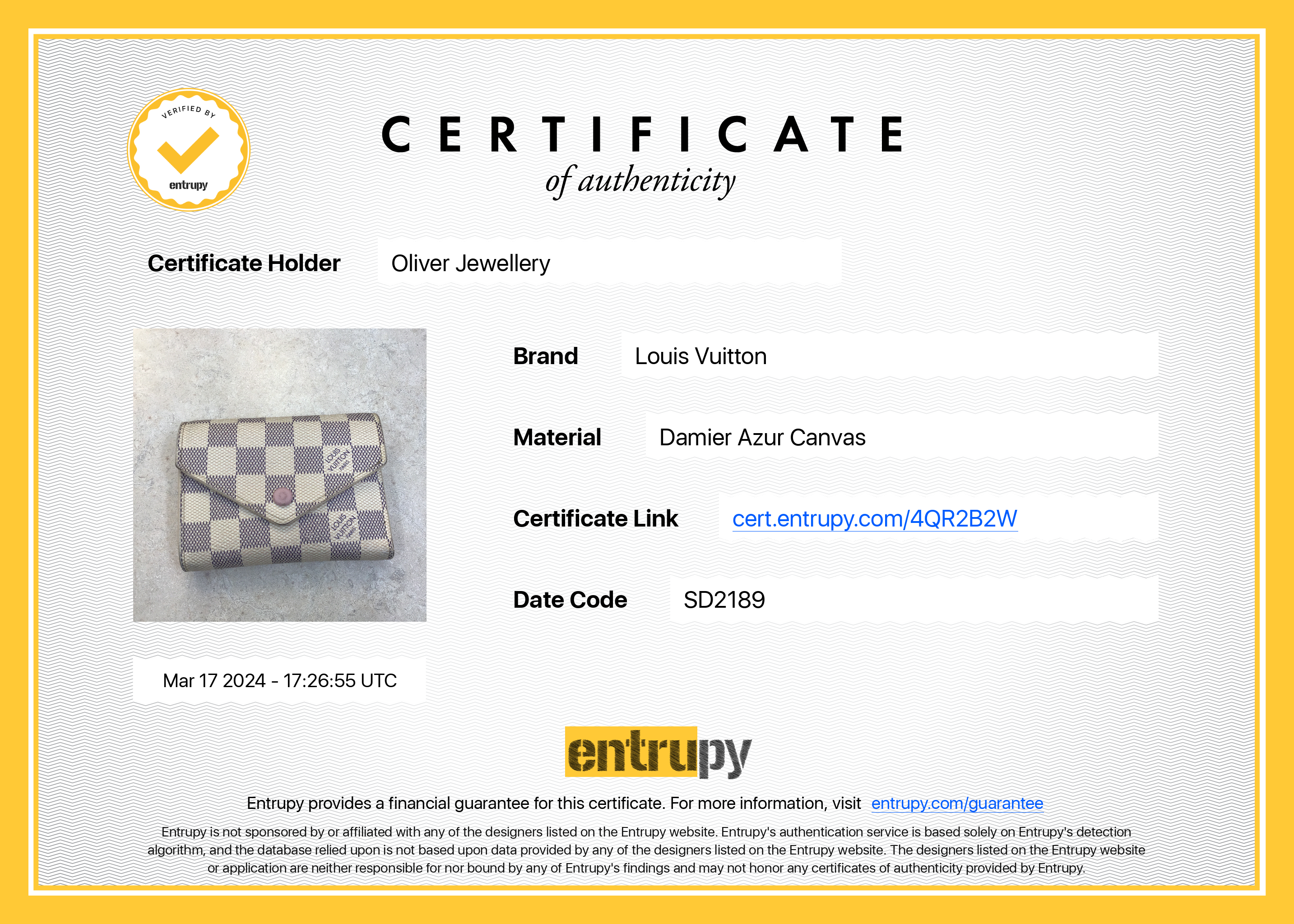 Louis Vuitton Damier Azur Victorine Wallet w/ Box