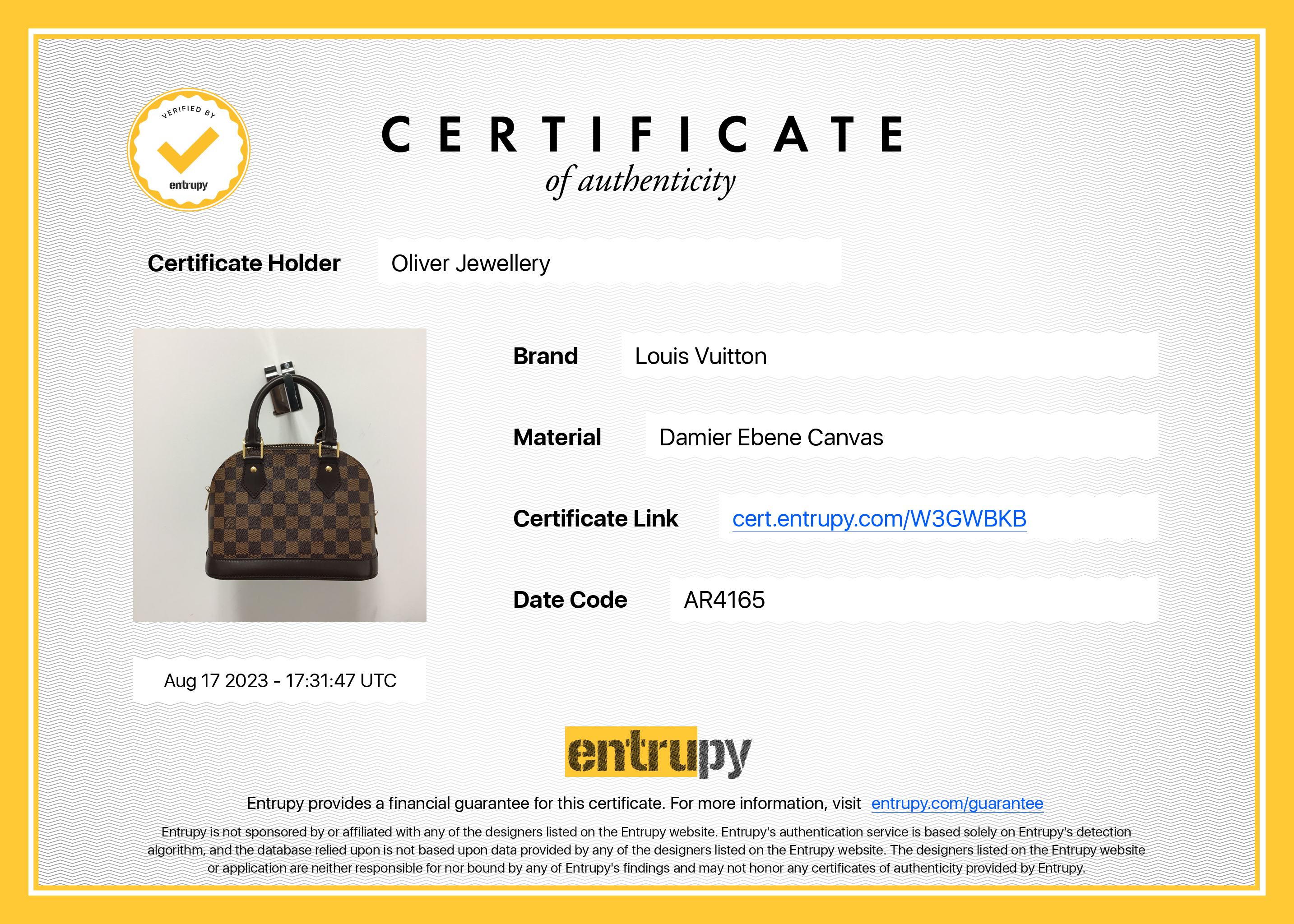 Louis Vuitton Damier Ebene Alma BB w/ Strap