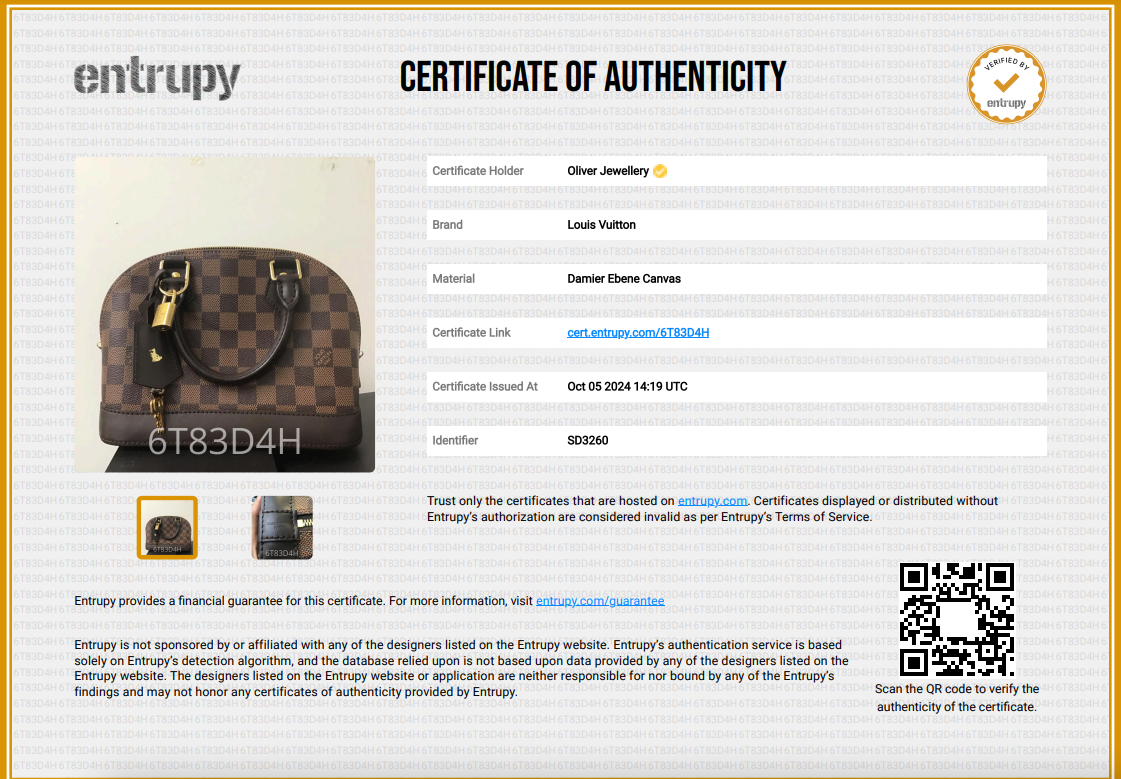 Louis Vuitton Damier Ebene Alma BB w/ Strap & Box