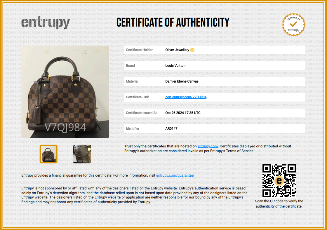 Louis Vuitton Damier Ebene Alma BB w/ Strap & Receipt