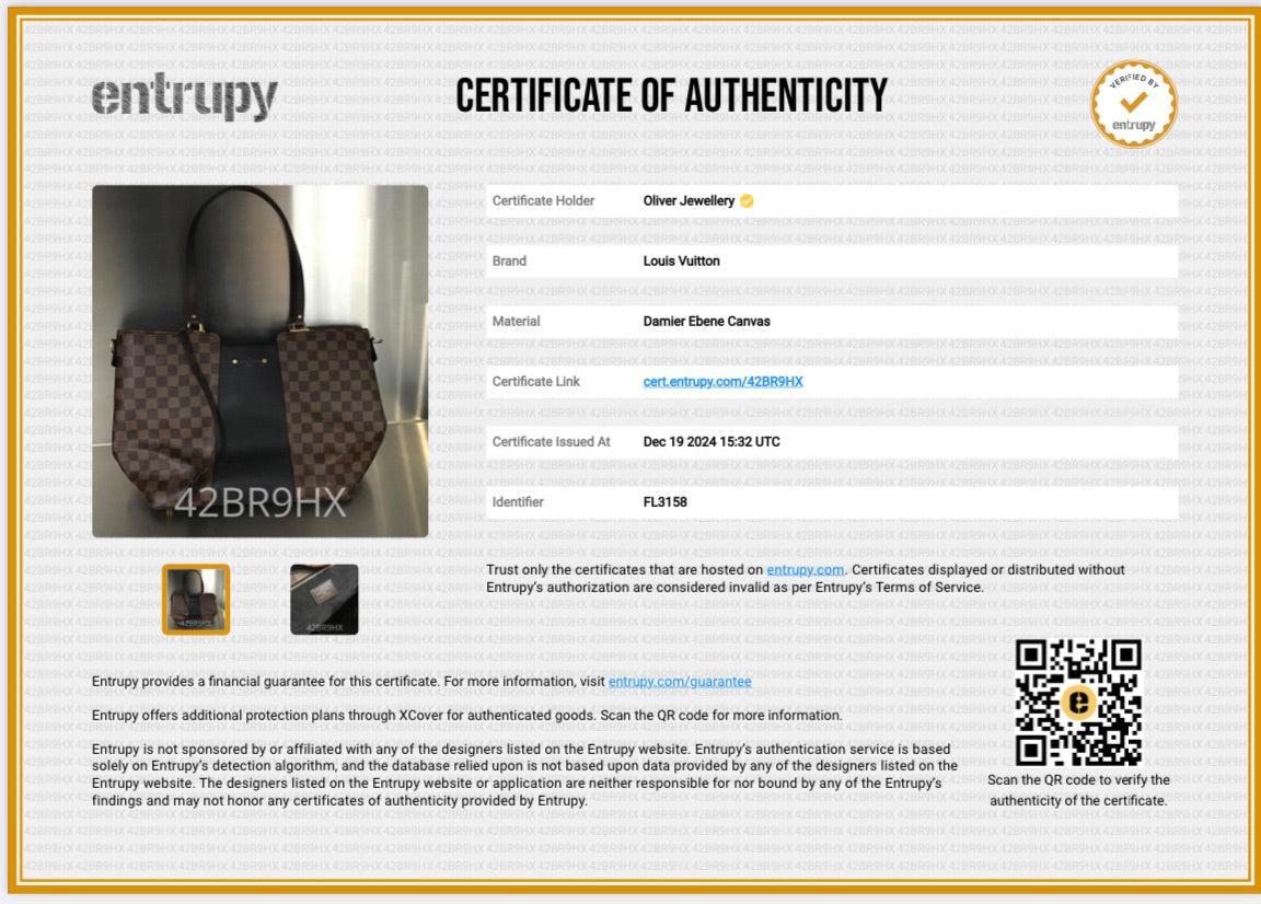 Louis Vuitton Damier Ebene Black Taurillon Leather Trim Jersey Tote w/ Strap & Box