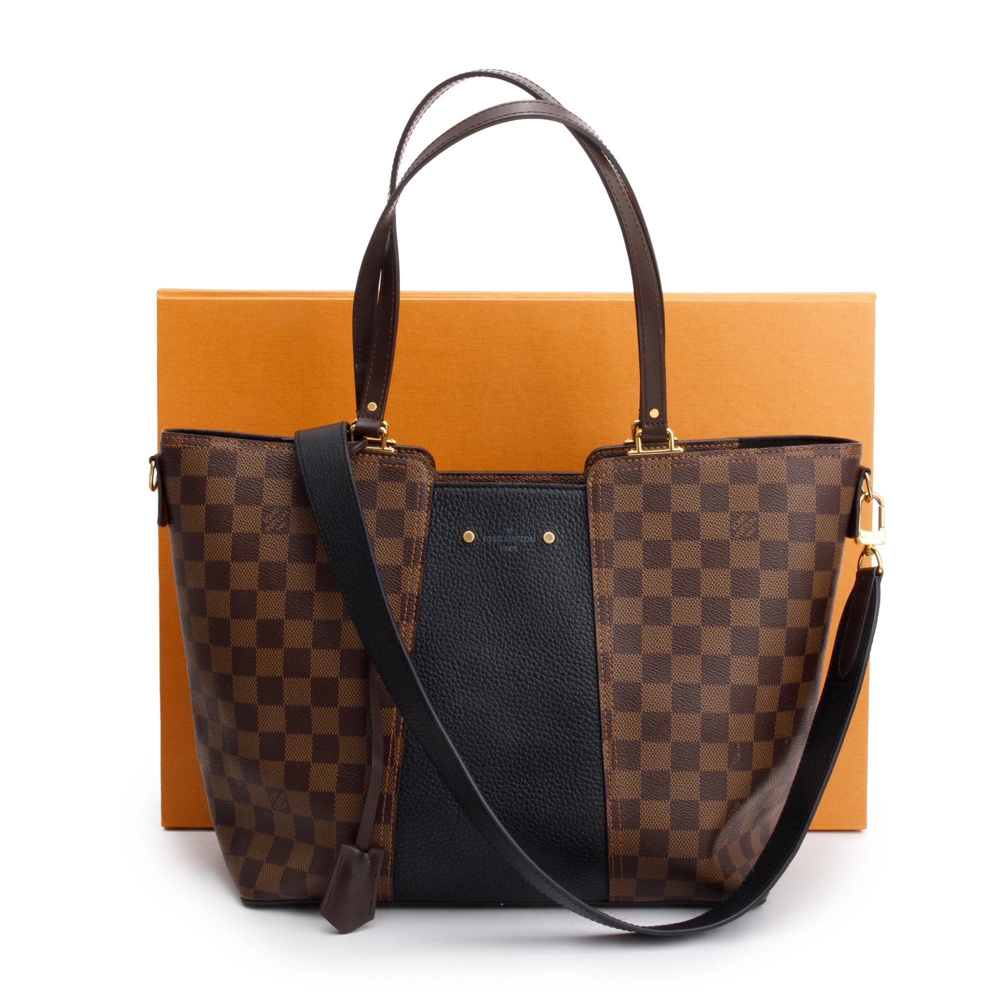 Louis Vuitton Damier Ebene Black Taurillon Leather Trim Jersey Tote w/ Strap & Box