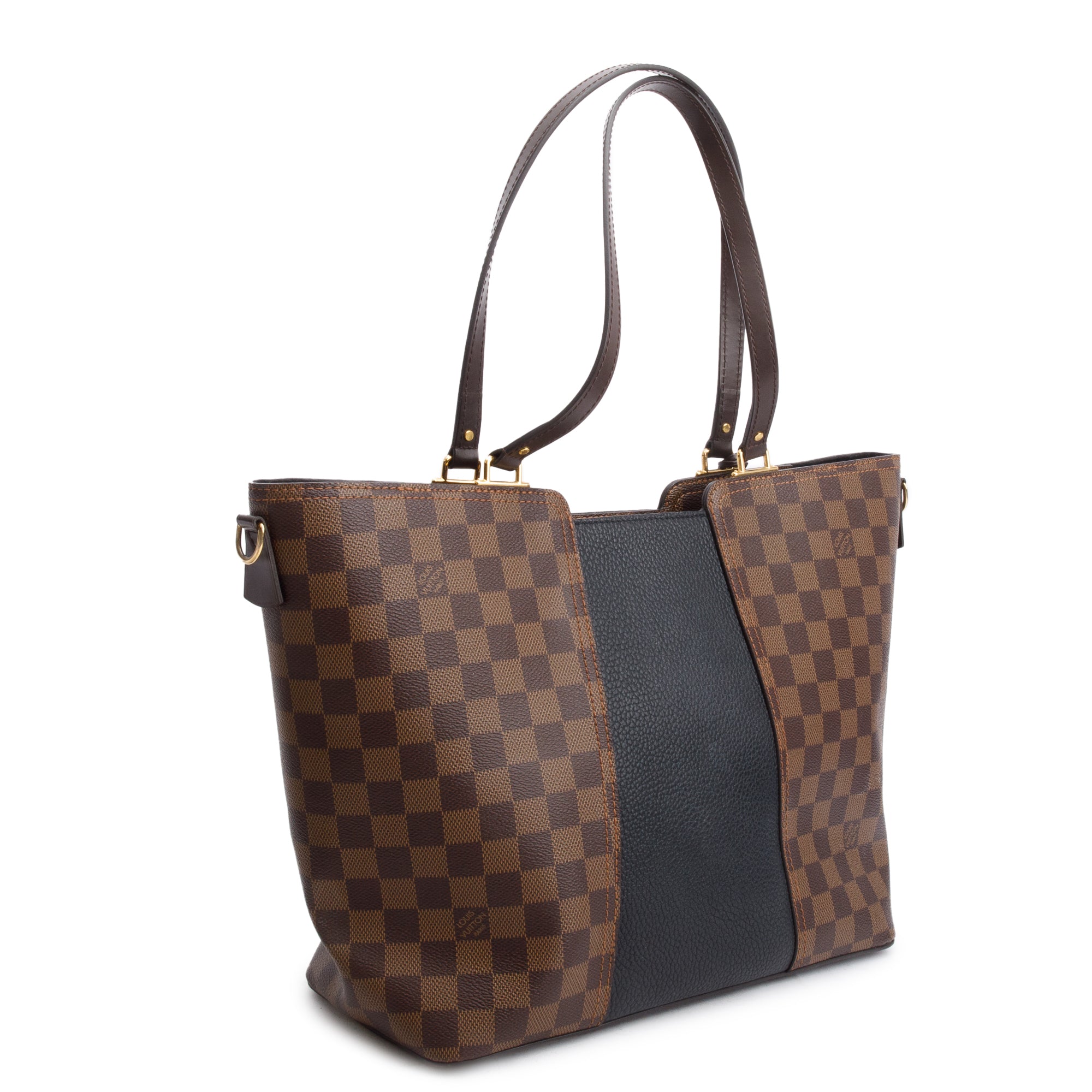 Louis Vuitton Damier Ebene Black Taurillon Leather Trim Jersey Tote w/ Strap & Box