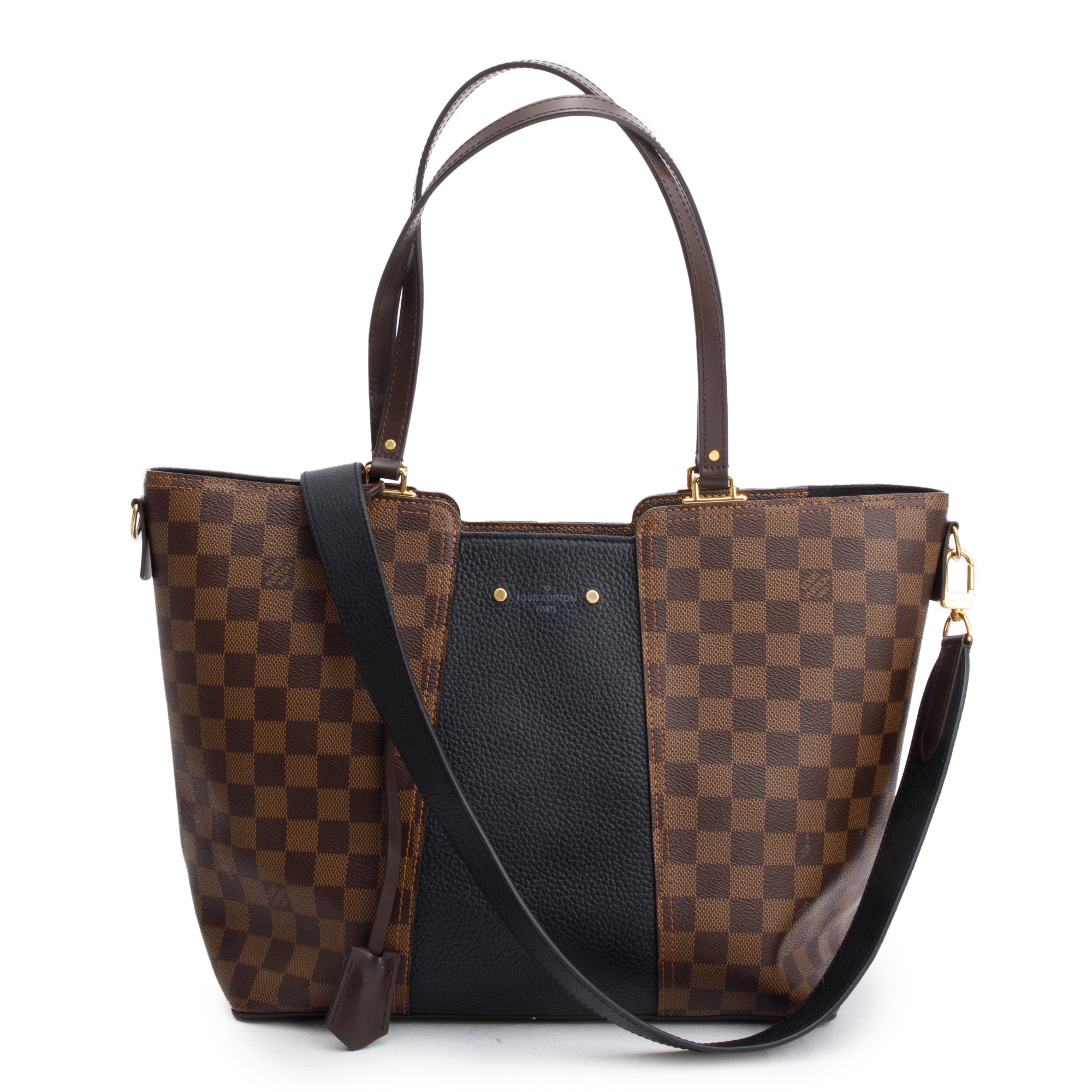 Louis Vuitton Damier Ebene Black Taurillon Leather Trim Jersey Tote w/ Strap & Box
