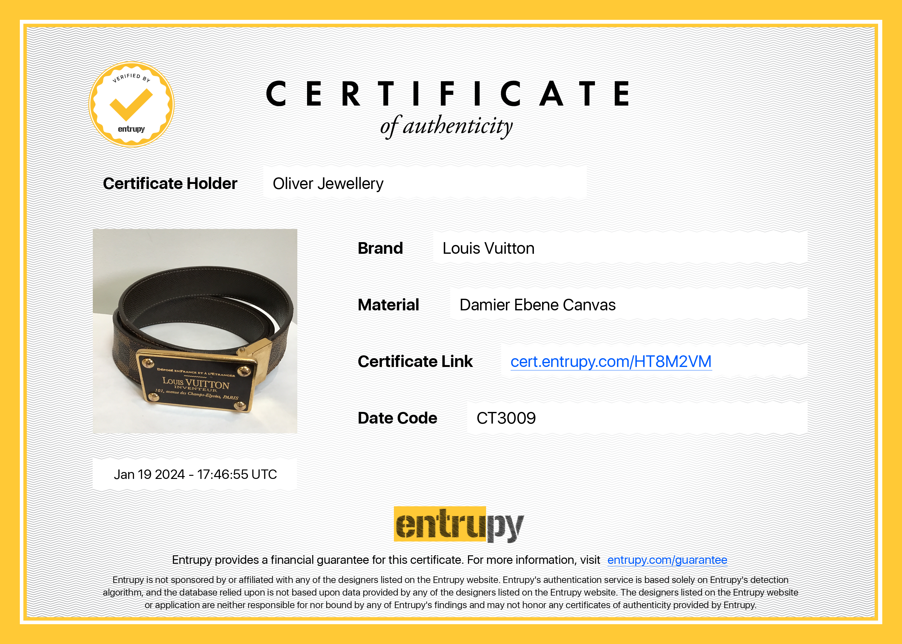 Louis Vuitton Damier Ebene Brown Calfskin Leather Reversible Inventeur Belt 95 38