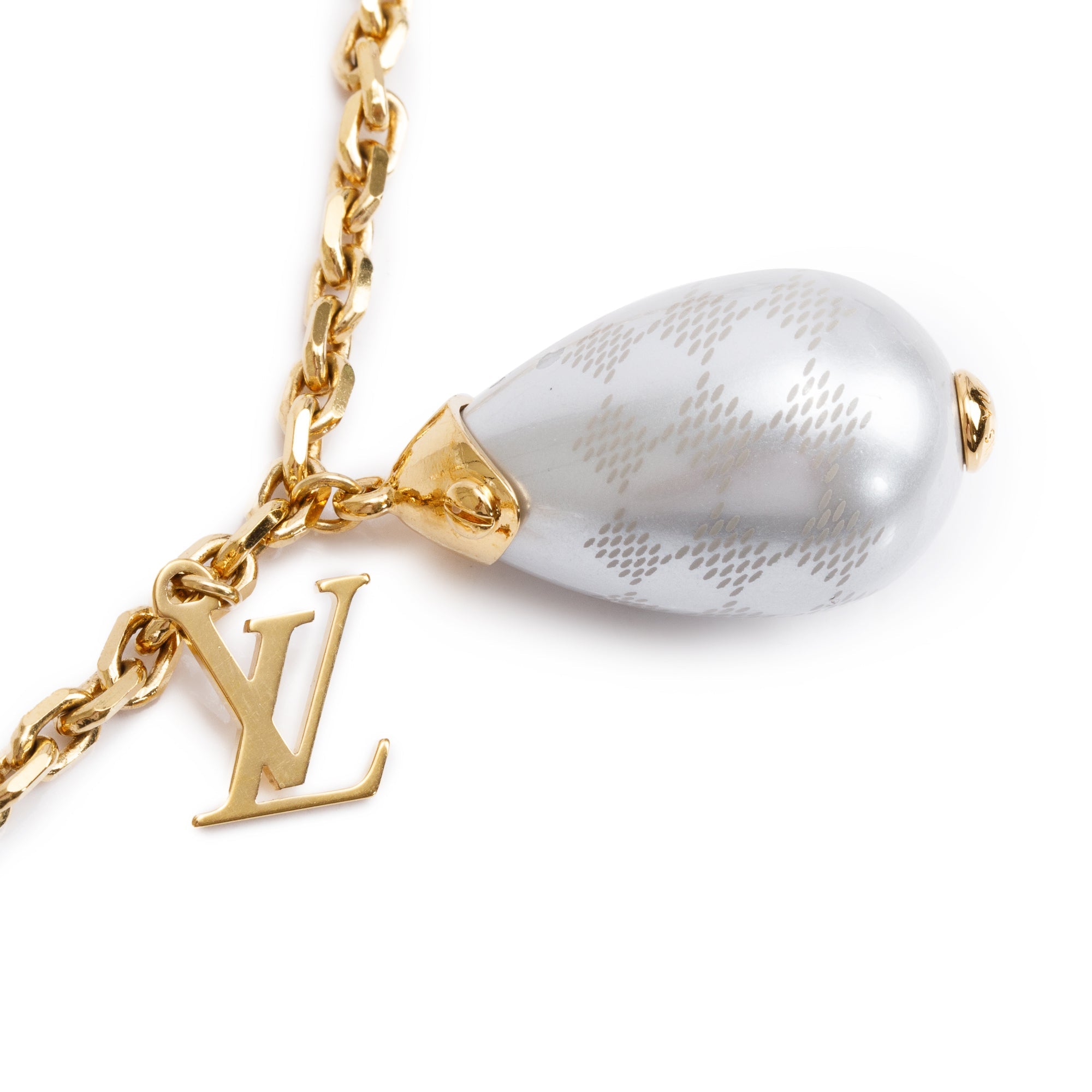 Louis Vuitton Gold-Plated Faux Pearl Damier Monogram Station Necklace