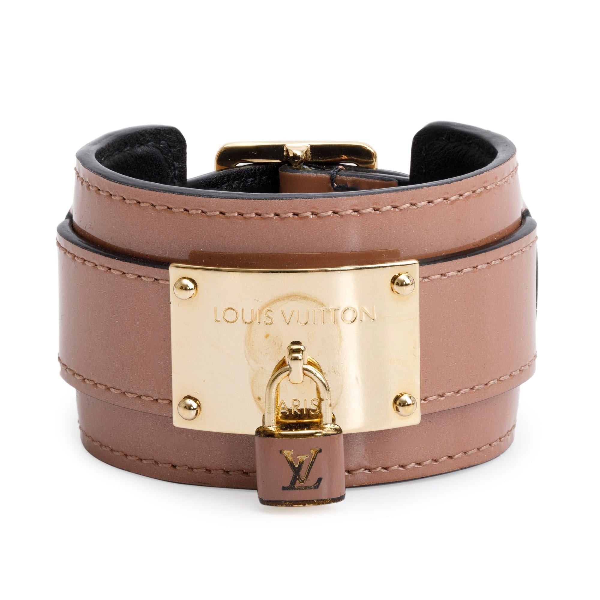 Louis Vuitton Gold Plated Pink Vernis Leather Infinit Cuff Bracelet
