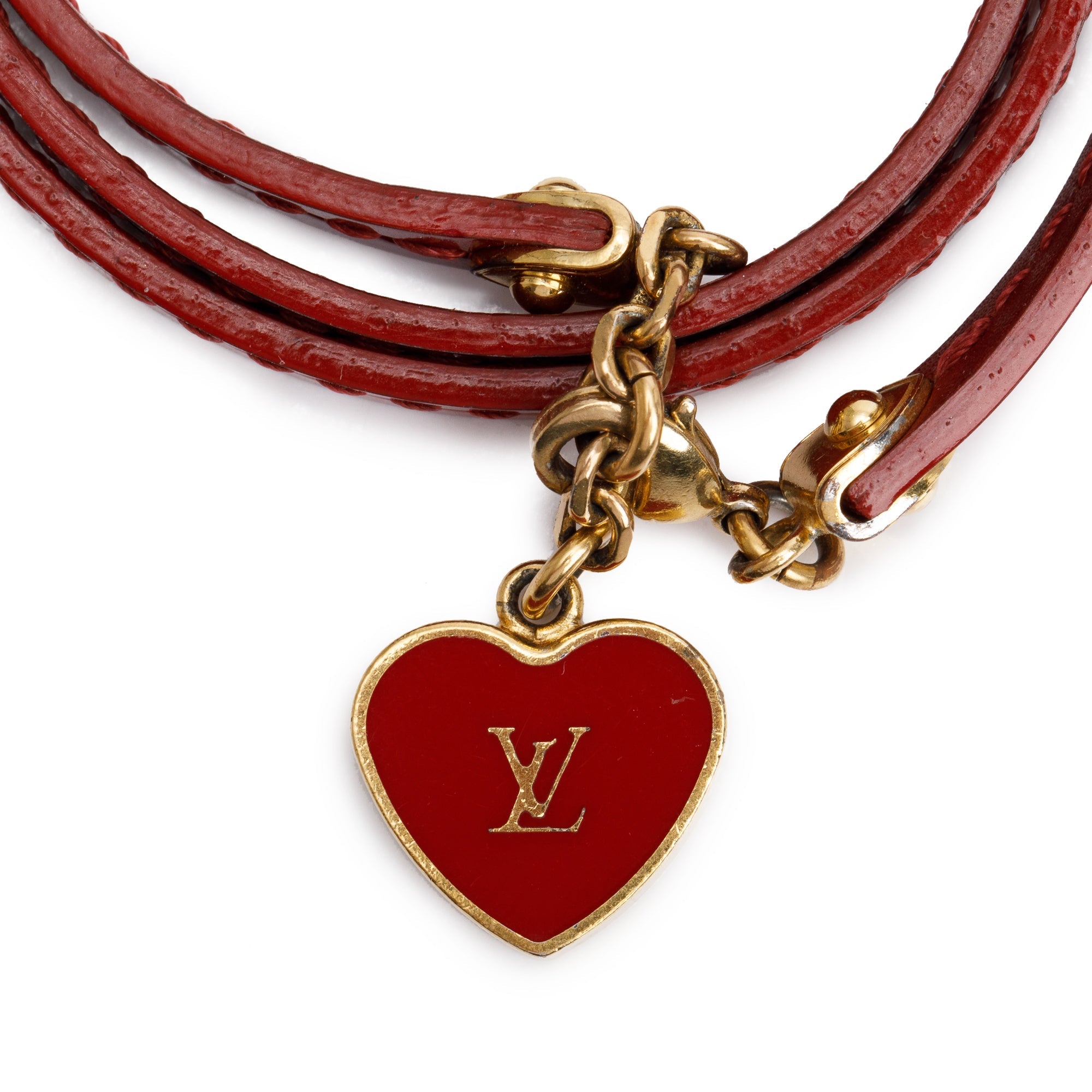 Louis Vuitton Gold Plated Red Patent Leather Enamel Heart Commit Wrap Bracelet
