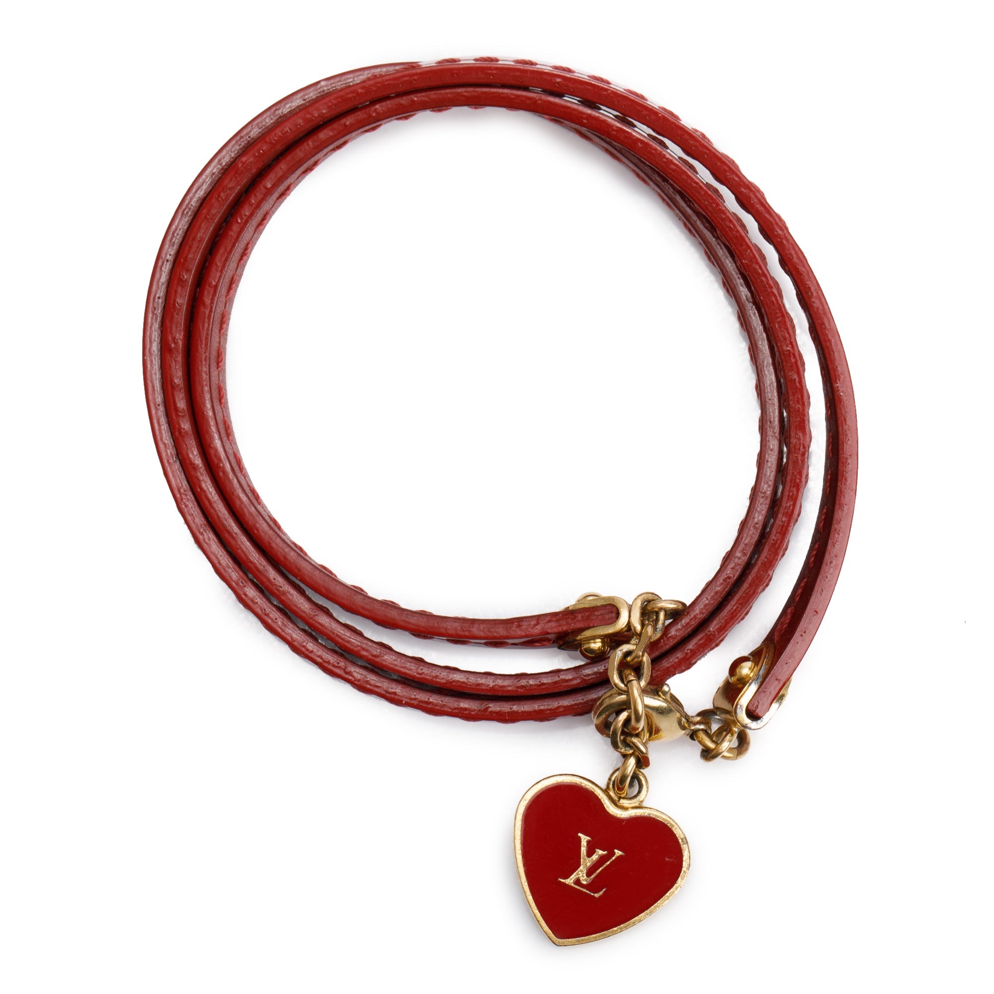Louis Vuitton Gold Plated Red Patent Leather Enamel Heart Commit Wrap Bracelet