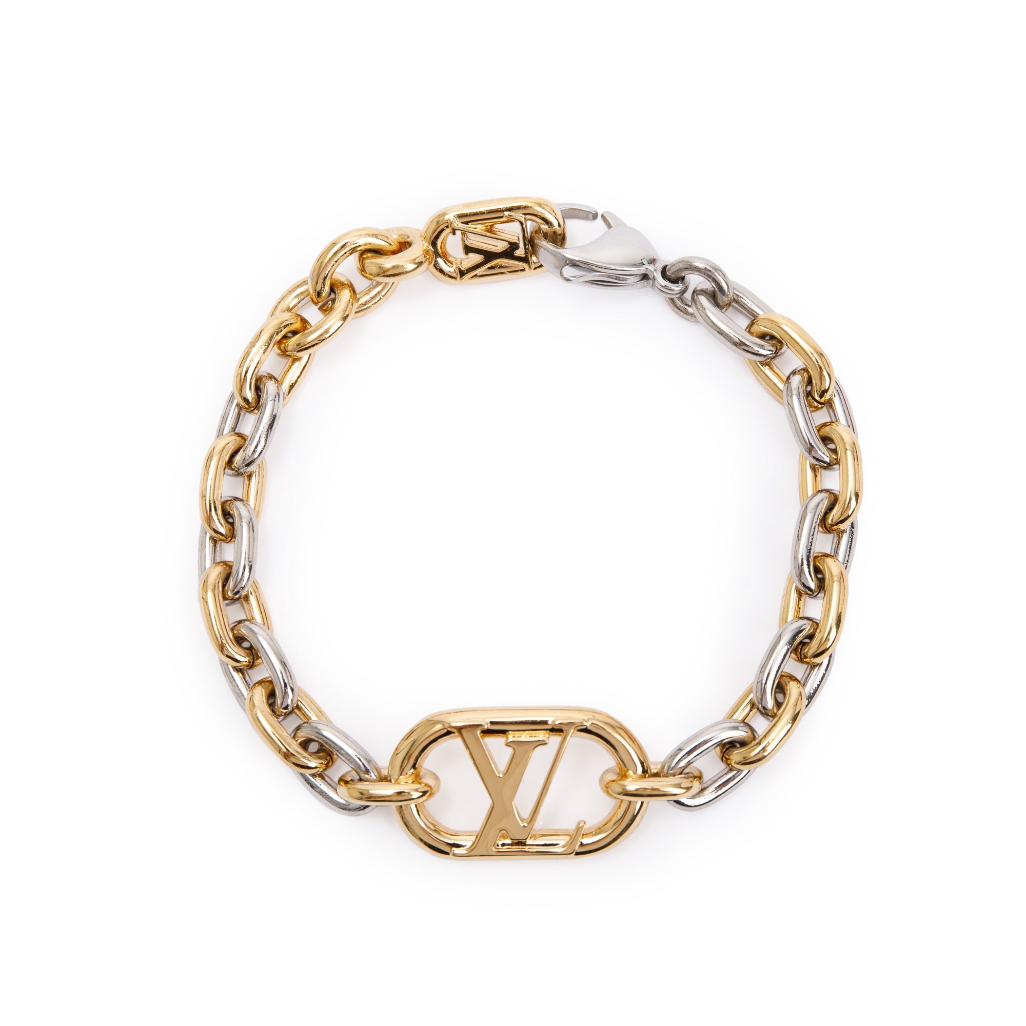 Louis Vuitton Gold & Silver-Tone Metal Everyday Chain Bracelet, Size M w/ Receipt