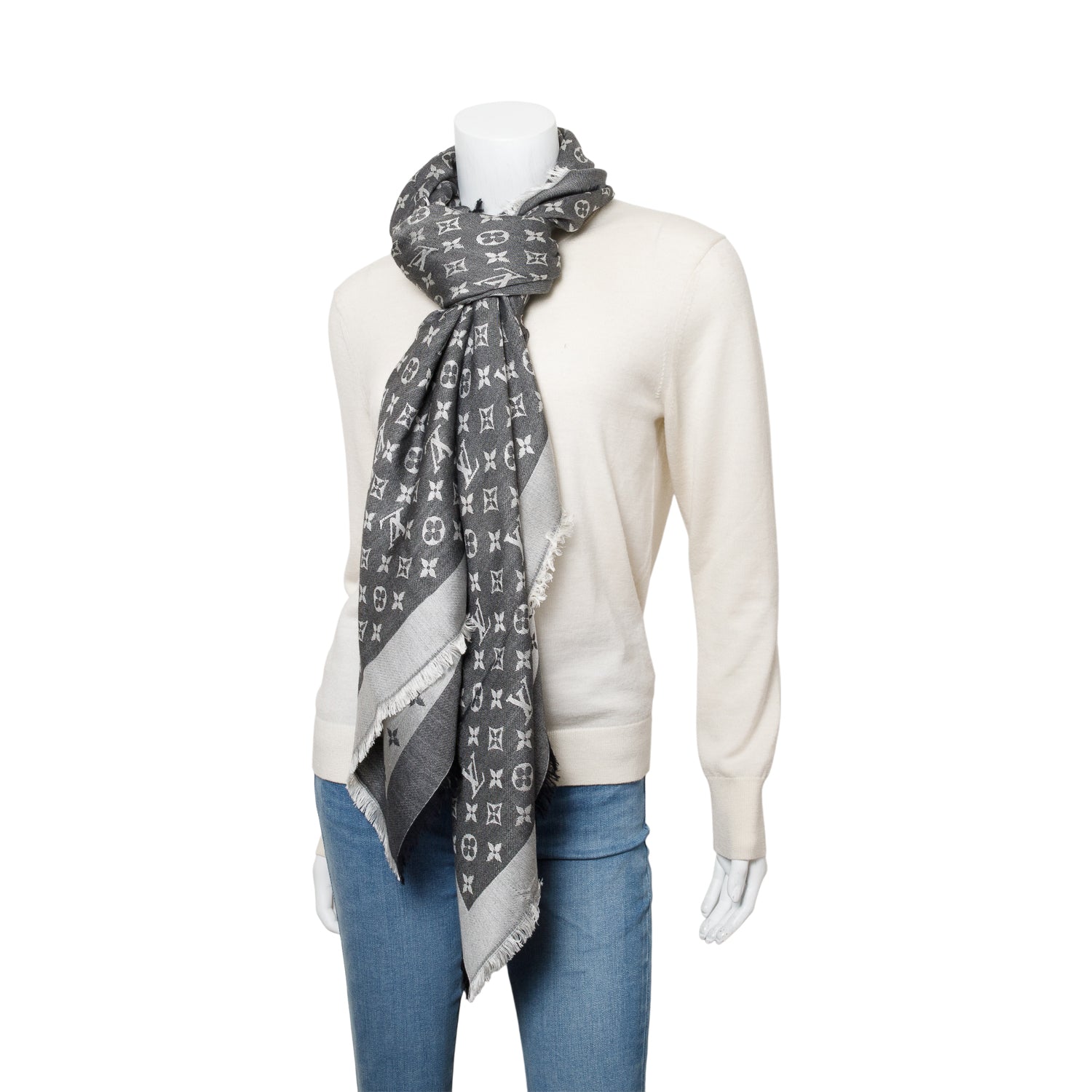 Louis Vuitton Grey/ Black Monogram Denim Shine Shawl Scarf w/ Box