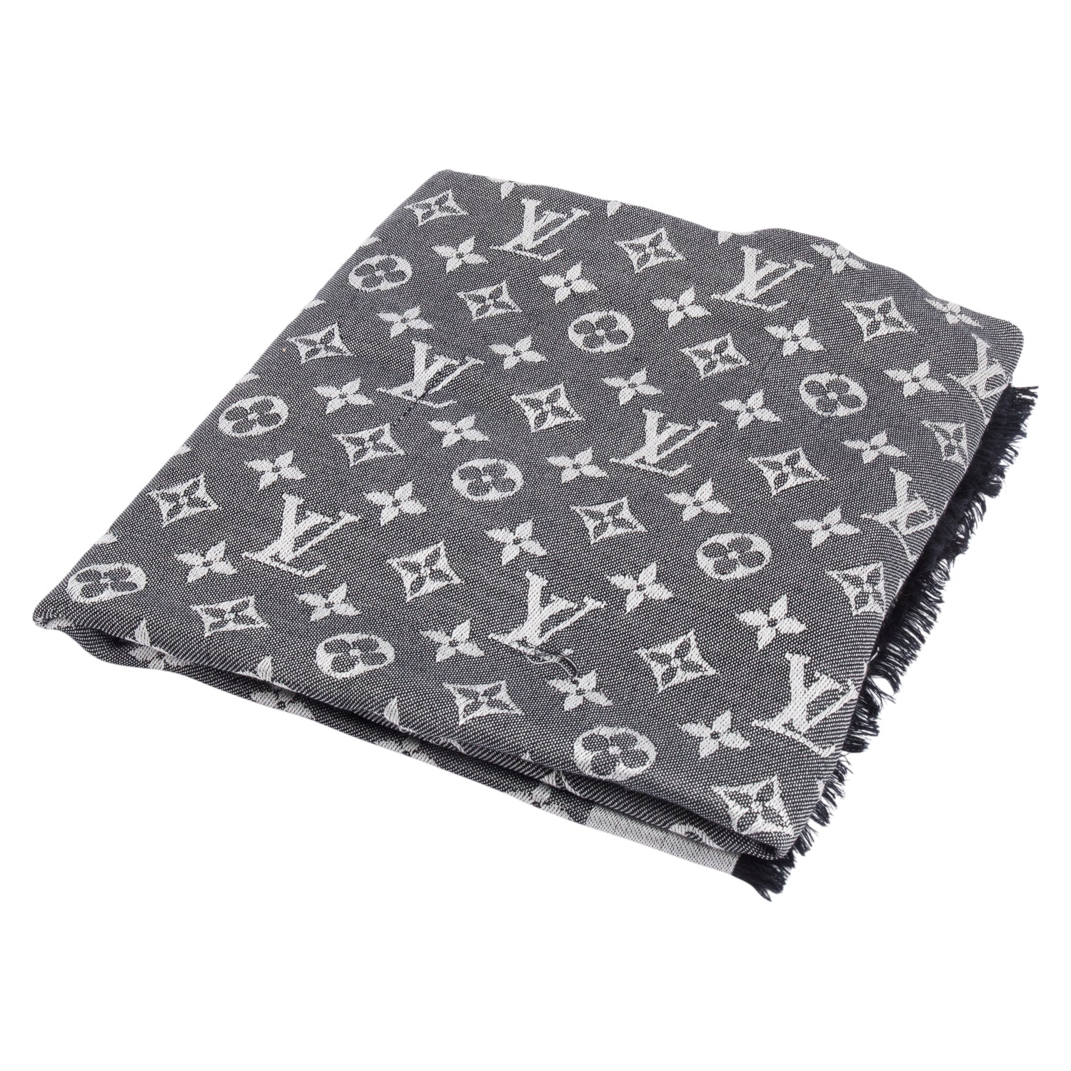 Louis Vuitton Grey/ Black Monogram Denim Shine Shawl Scarf w/ Box