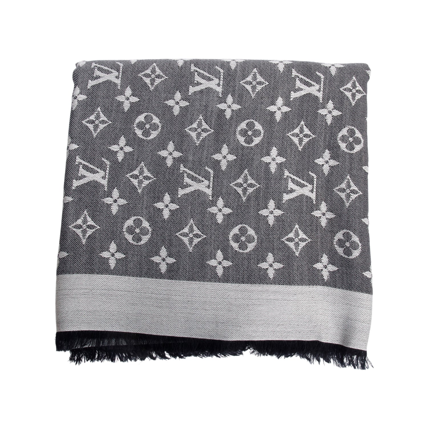 Louis Vuitton Grey/ Black Monogram Denim Shine Shawl Scarf w/ Box