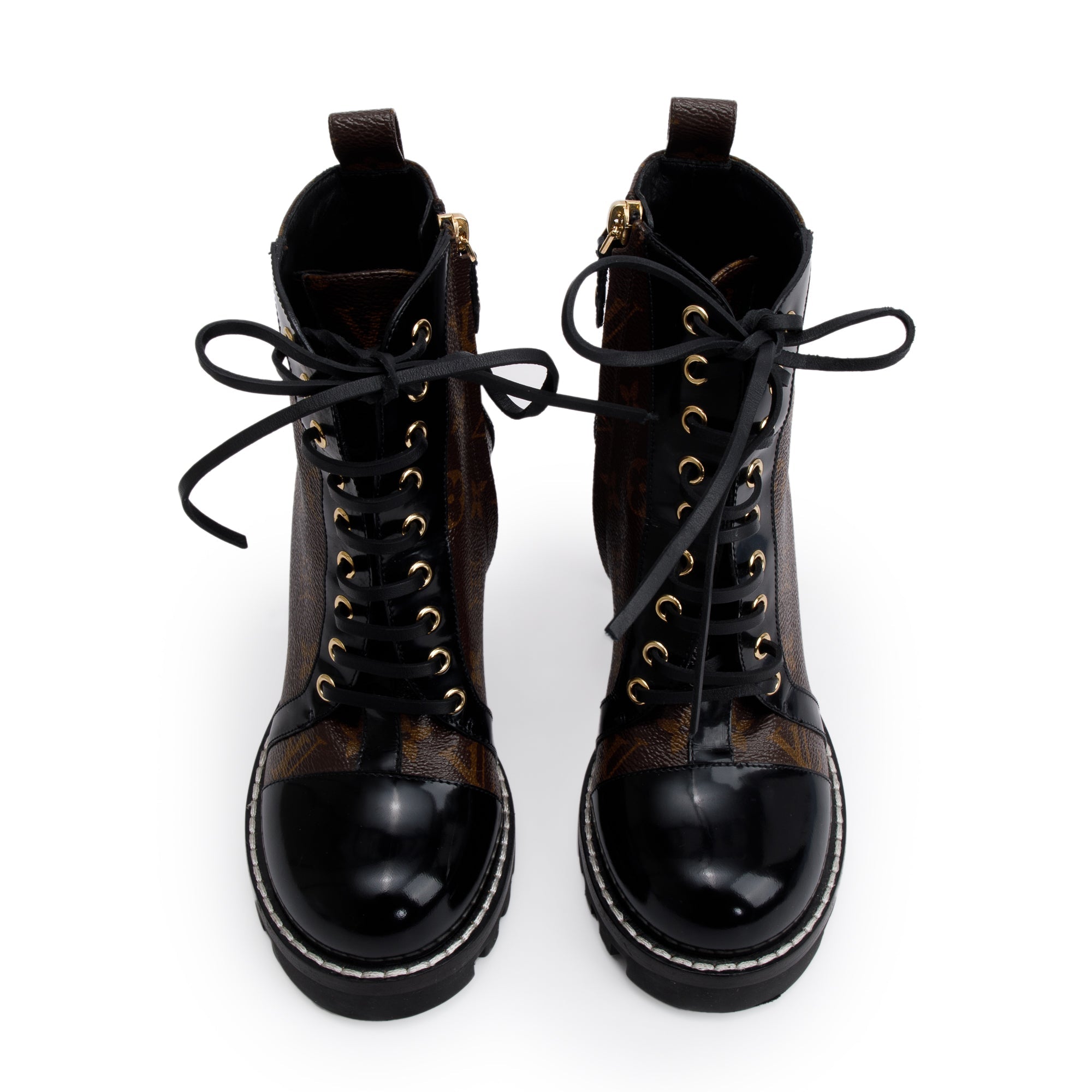 Louis Vuitton Monogram Black Patent Leather Star Trail Combat Boots, Size 8