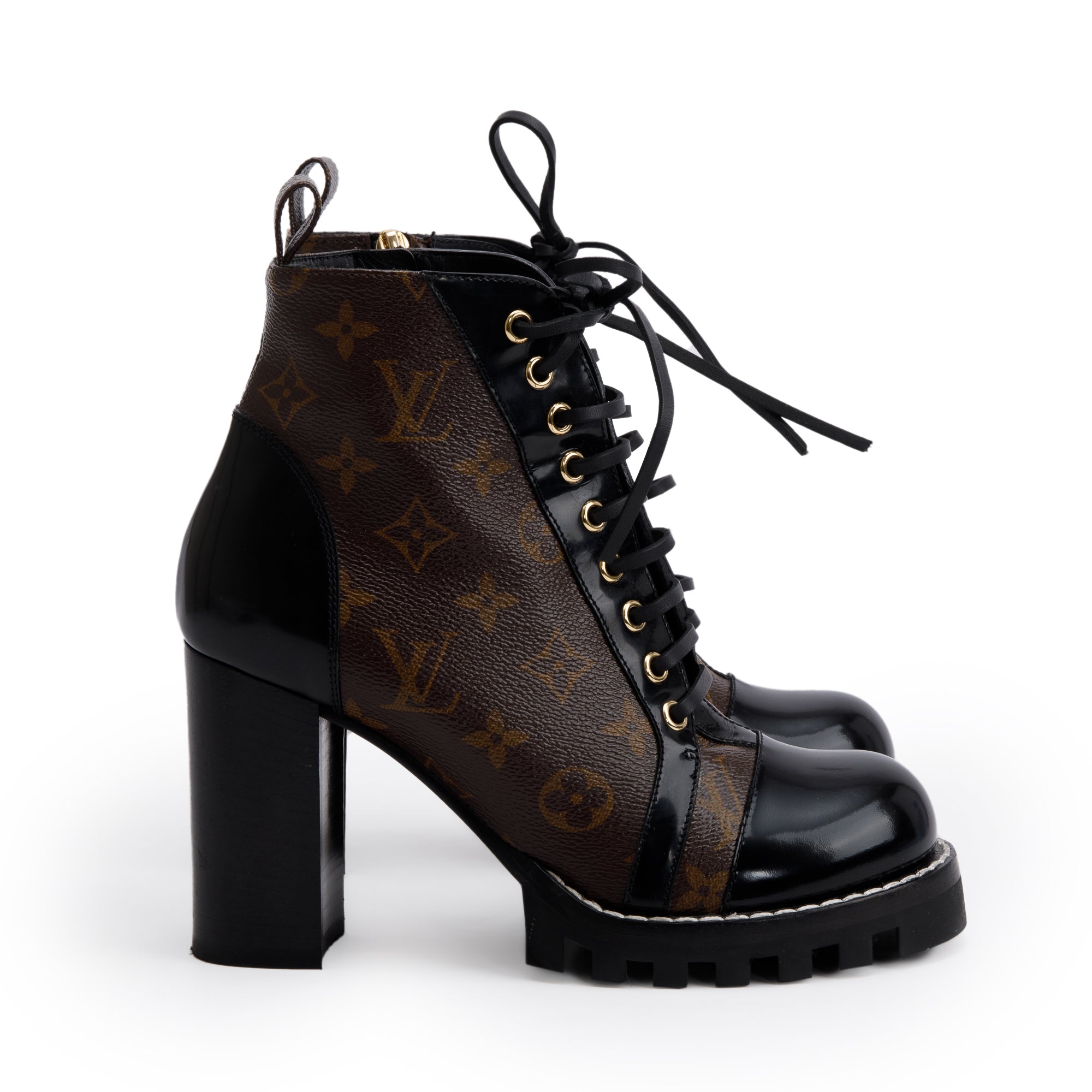 Louis Vuitton Monogram Black Patent Leather Star Trail Combat Boots, Size 8