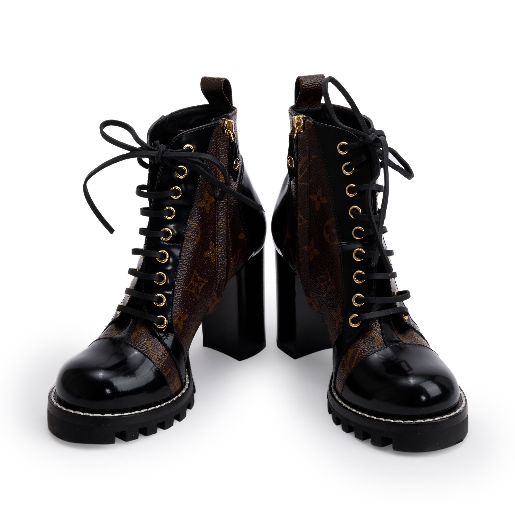 Louis Vuitton Monogram Black Patent Leather Star Trail Combat Boots, Size 8