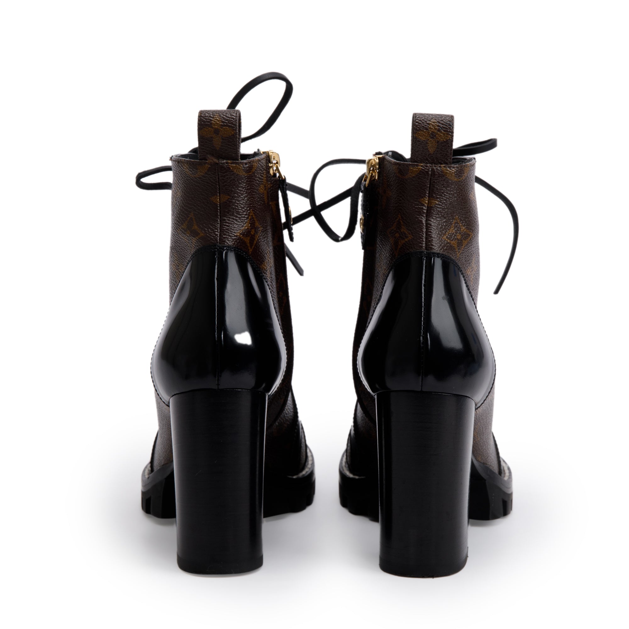 Louis Vuitton Monogram Black Patent Leather Star Trail Combat Boots, Size 8