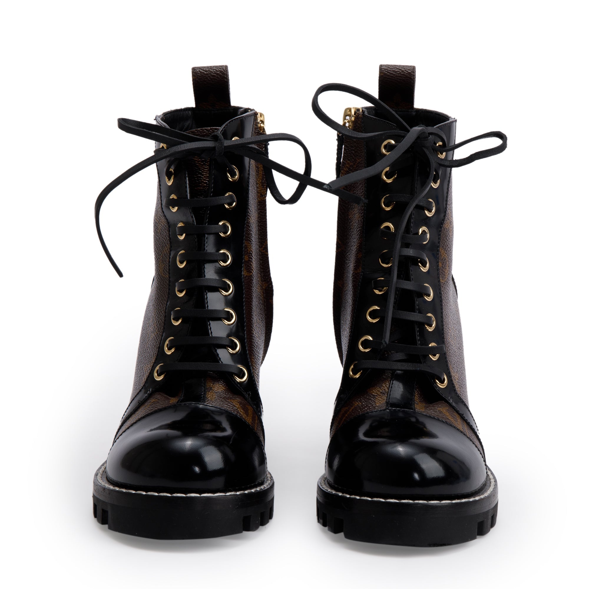 Louis Vuitton Monogram Black Patent Leather Star Trail Combat Boots, Size 8