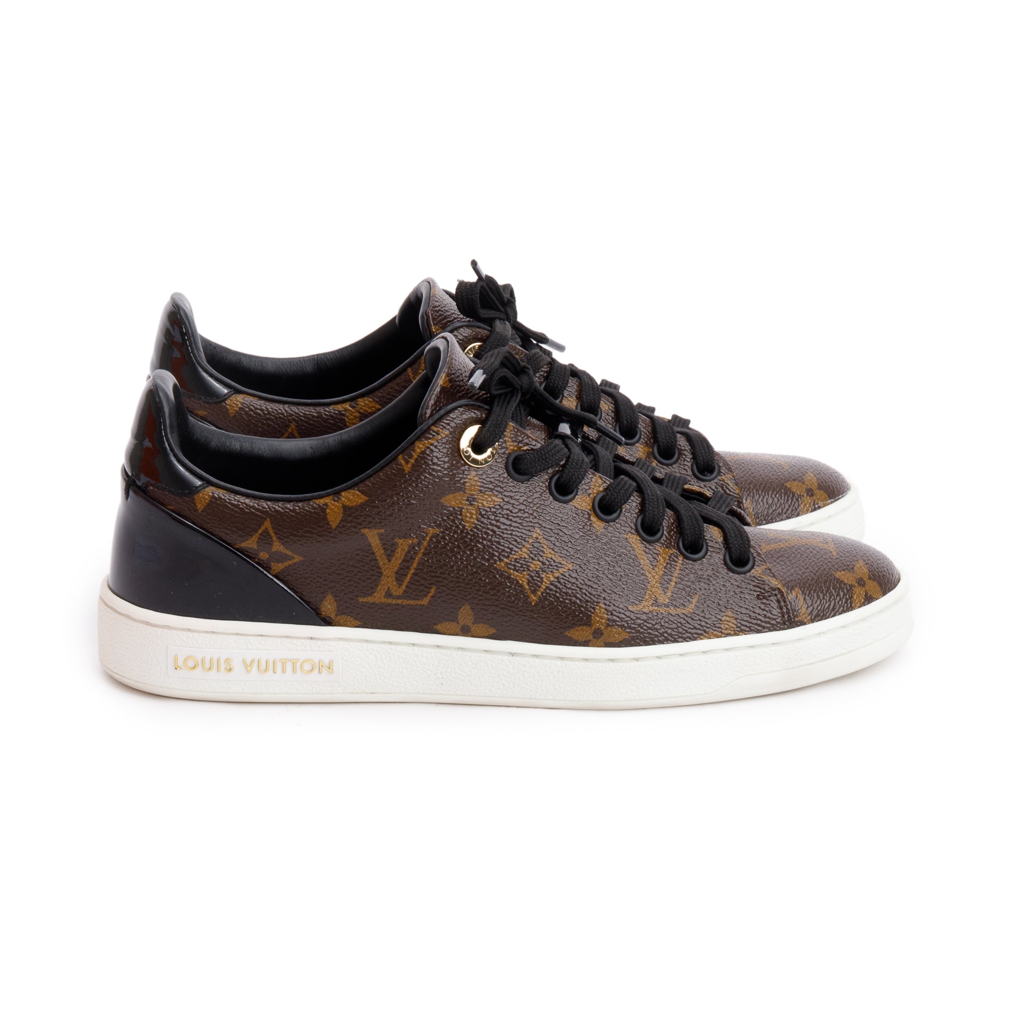 Louis Vuitton Monogram Canvas Black Patent Leather Frontrow Sneakers, Size 36 w/ Box