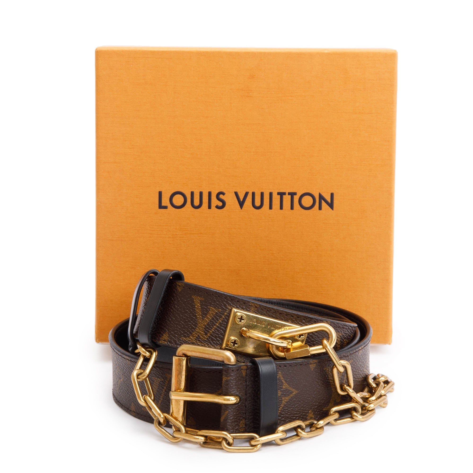 Louis Vuitton Monogram Canvas Signature Chain 35 MM Belt, Size 85 36 w/ Box & Receipt