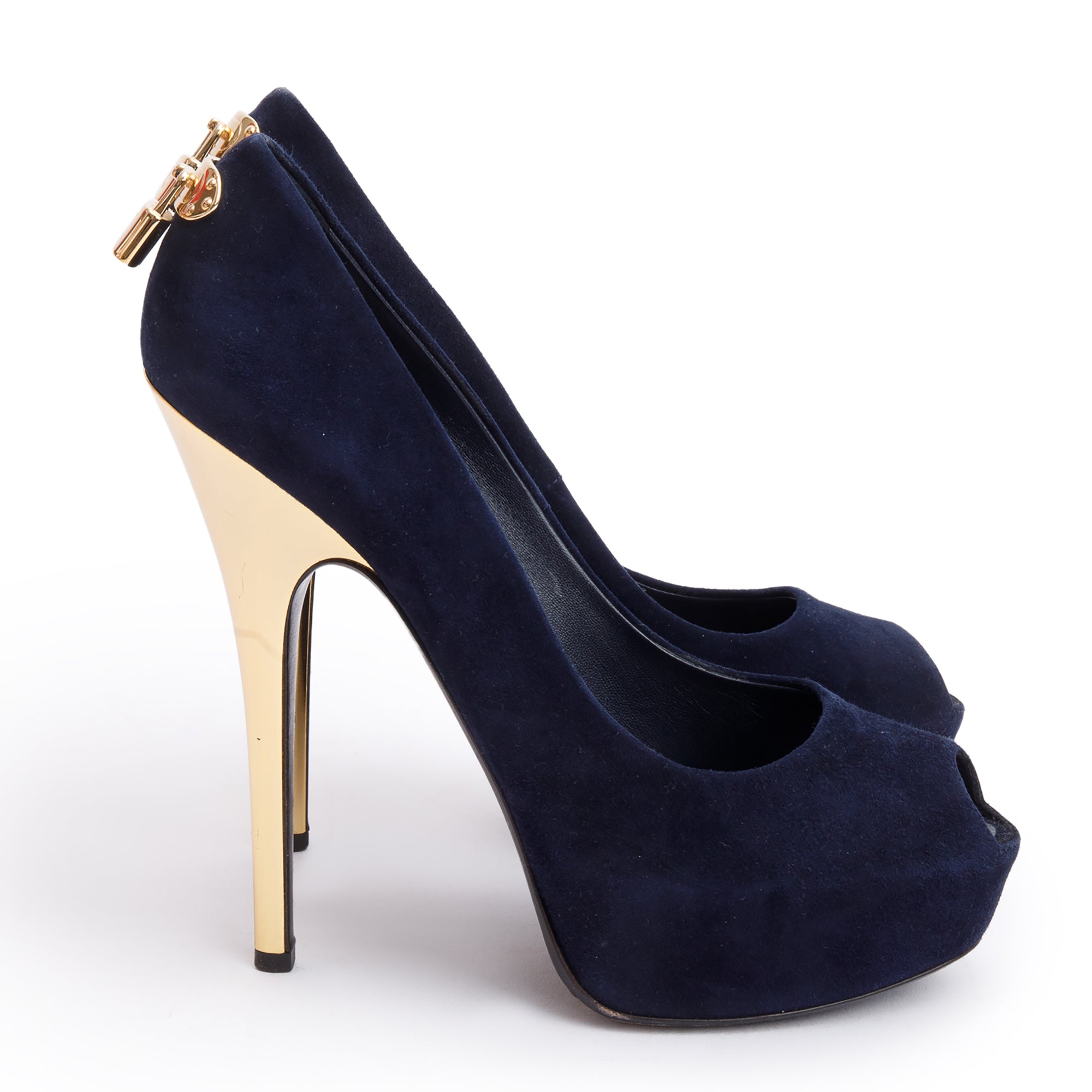Louis Vuitton Navy Suede Gold Heel Oh Really Peep Toe Pumps, Size 41