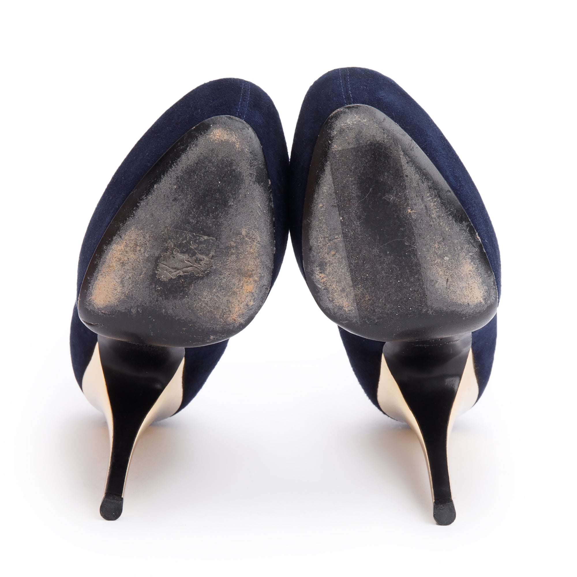 Louis Vuitton Navy Suede Gold Heel Oh Really Peep Toe Pumps, Size 41