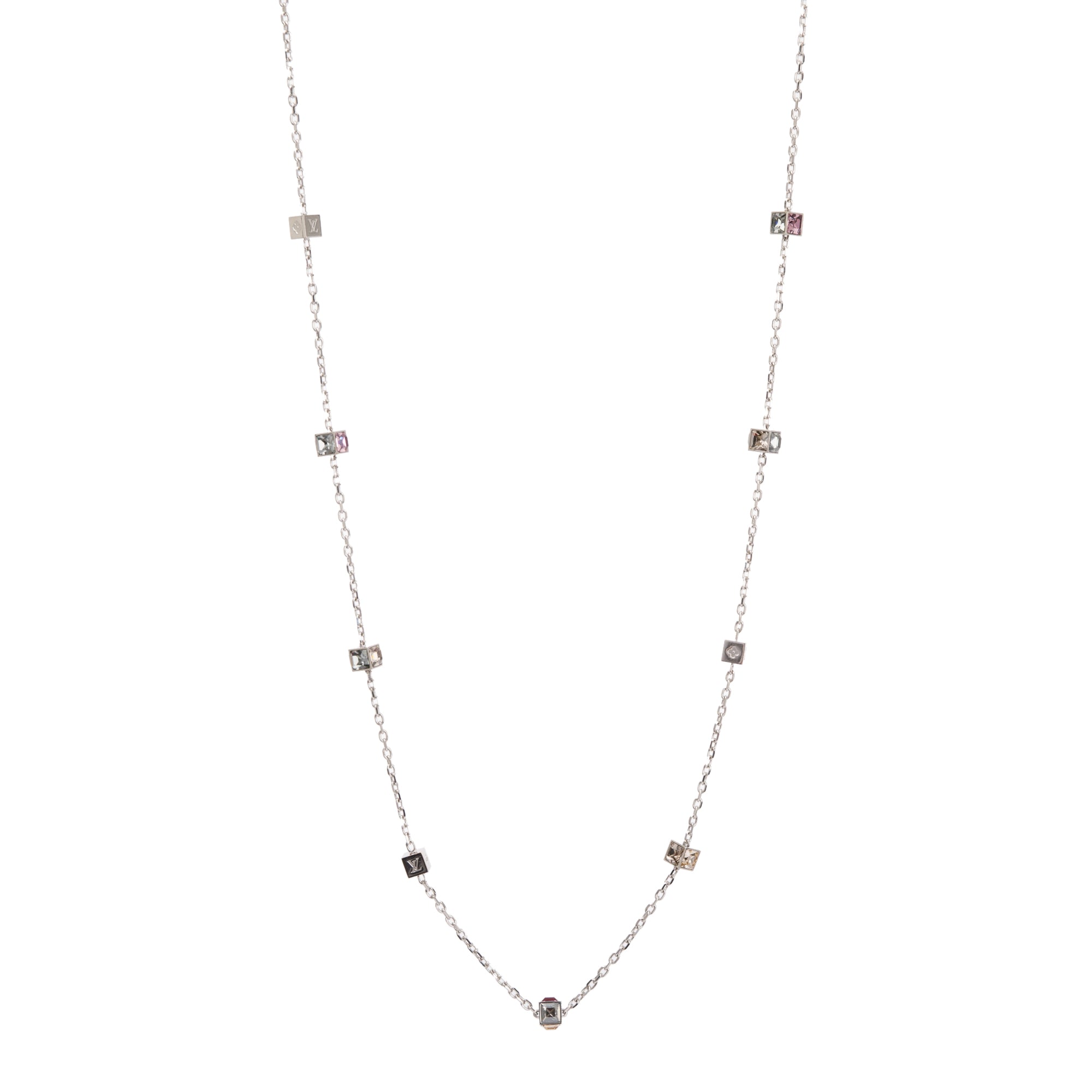 Louis Vuitton Palladium Plated Crystal Gamble Long Necklace w/ Box