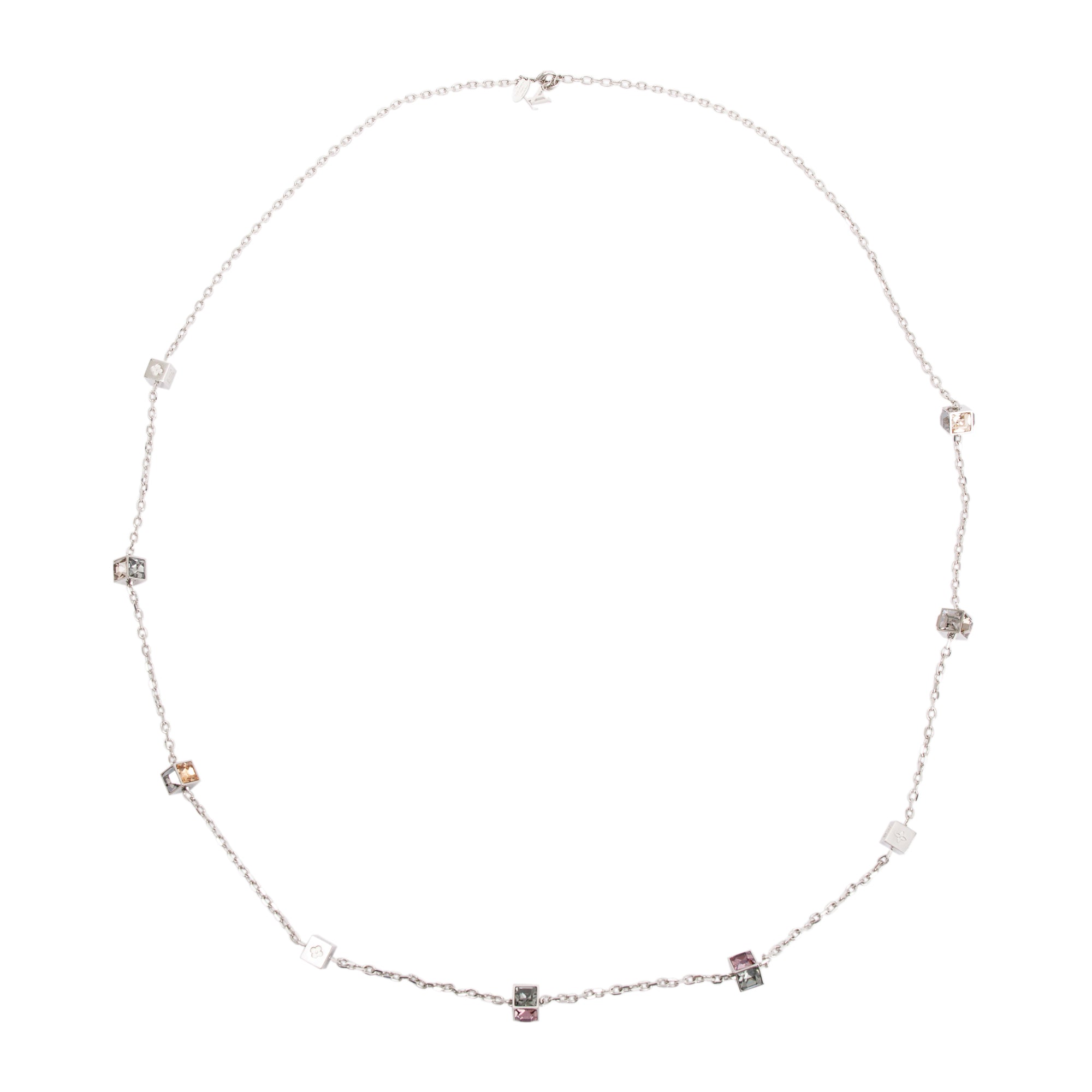 Louis Vuitton Palladium Plated Crystal Gamble Long Necklace w/ Box