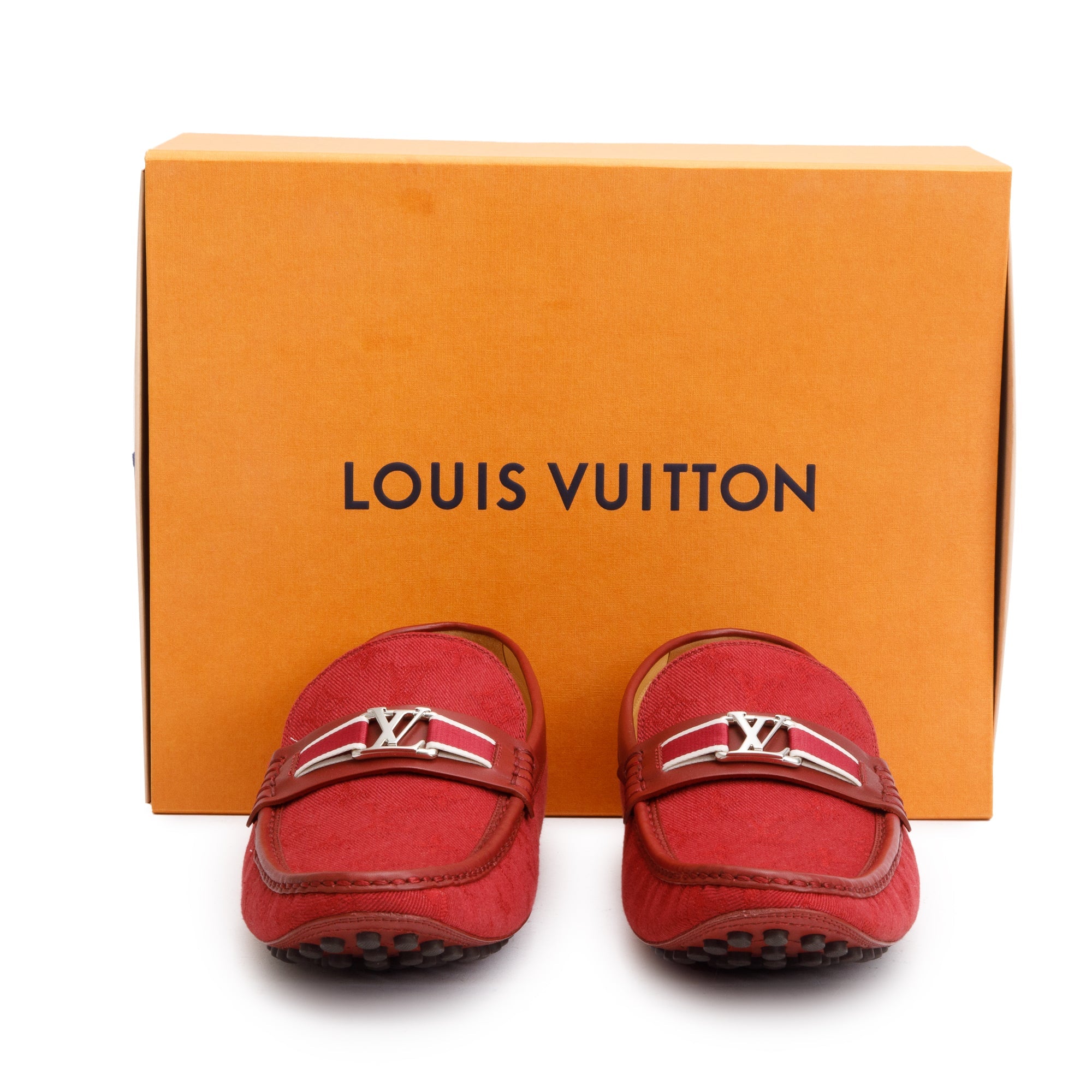 Louis Vuitton Red Denim Men's Hockenheim Moccasin Loafers, Size 11 w/ Box