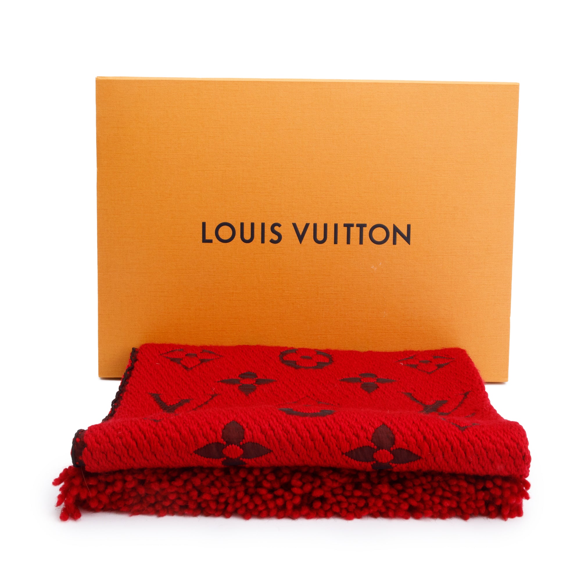 Louis Vuitton Red Monogram Logomania Wool Silk Scarf w/ Box
