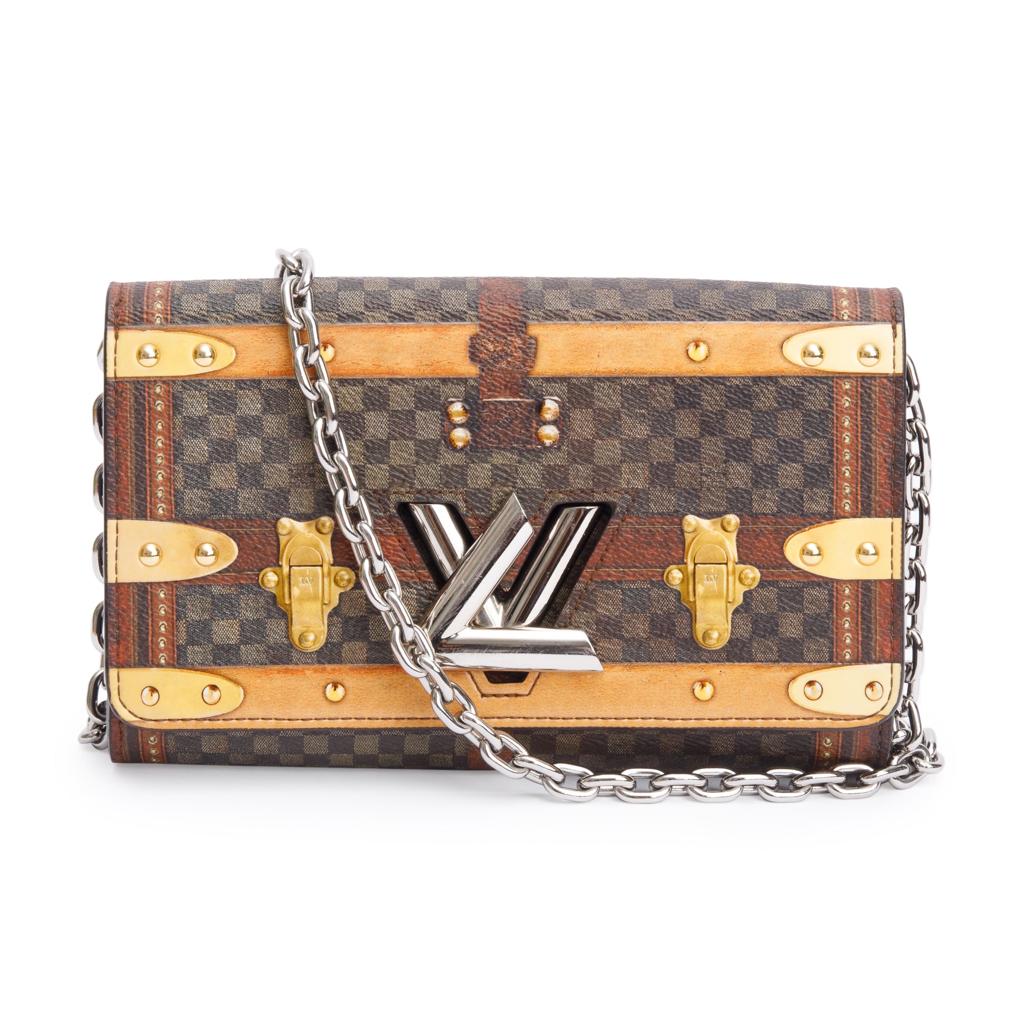 Louis Vuitton Transformed Damier Ebene Time Trunk Twist Chain Wallet w/ Box