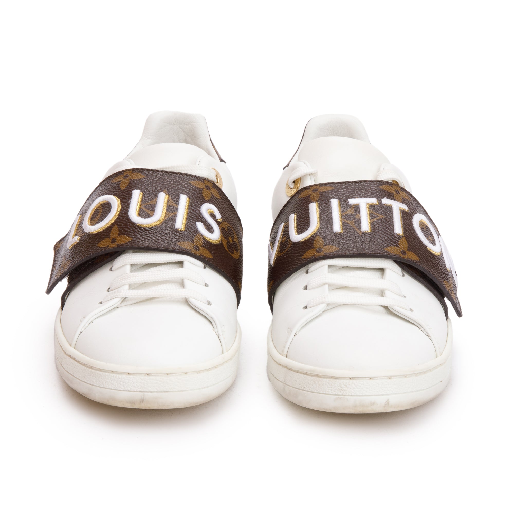 Louis Vuitton White Calfskin Leather Monogram Canvas Frontrow Sneakers, Size 36