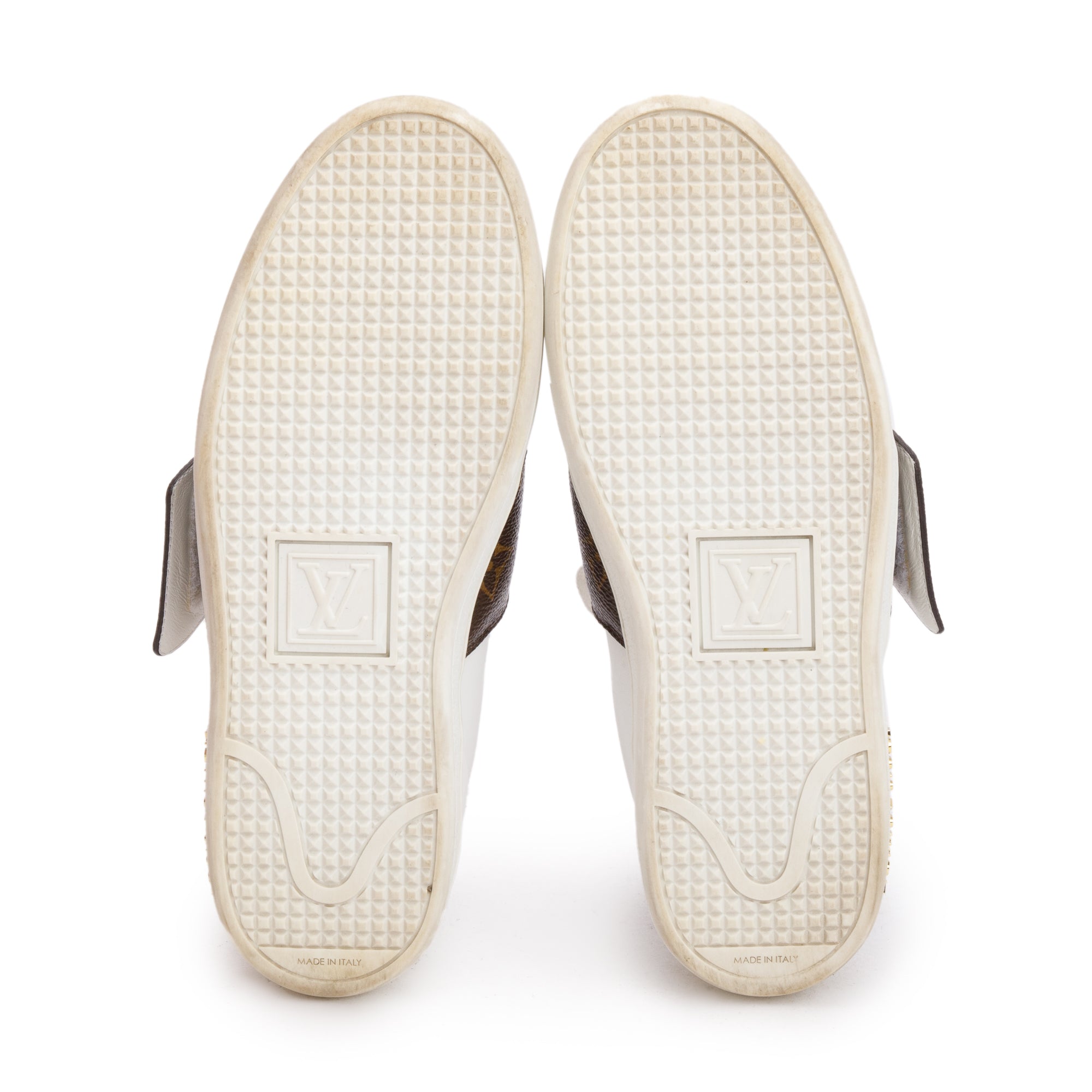 Louis Vuitton White Calfskin Leather Monogram Canvas Frontrow Sneakers, Size 36