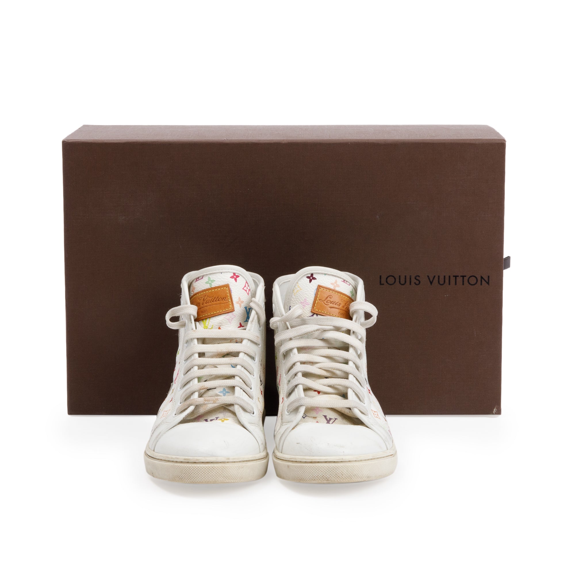 Louis Vuitton White Monogram Multicolor High Top Sneakers, Size 37 w/ Box