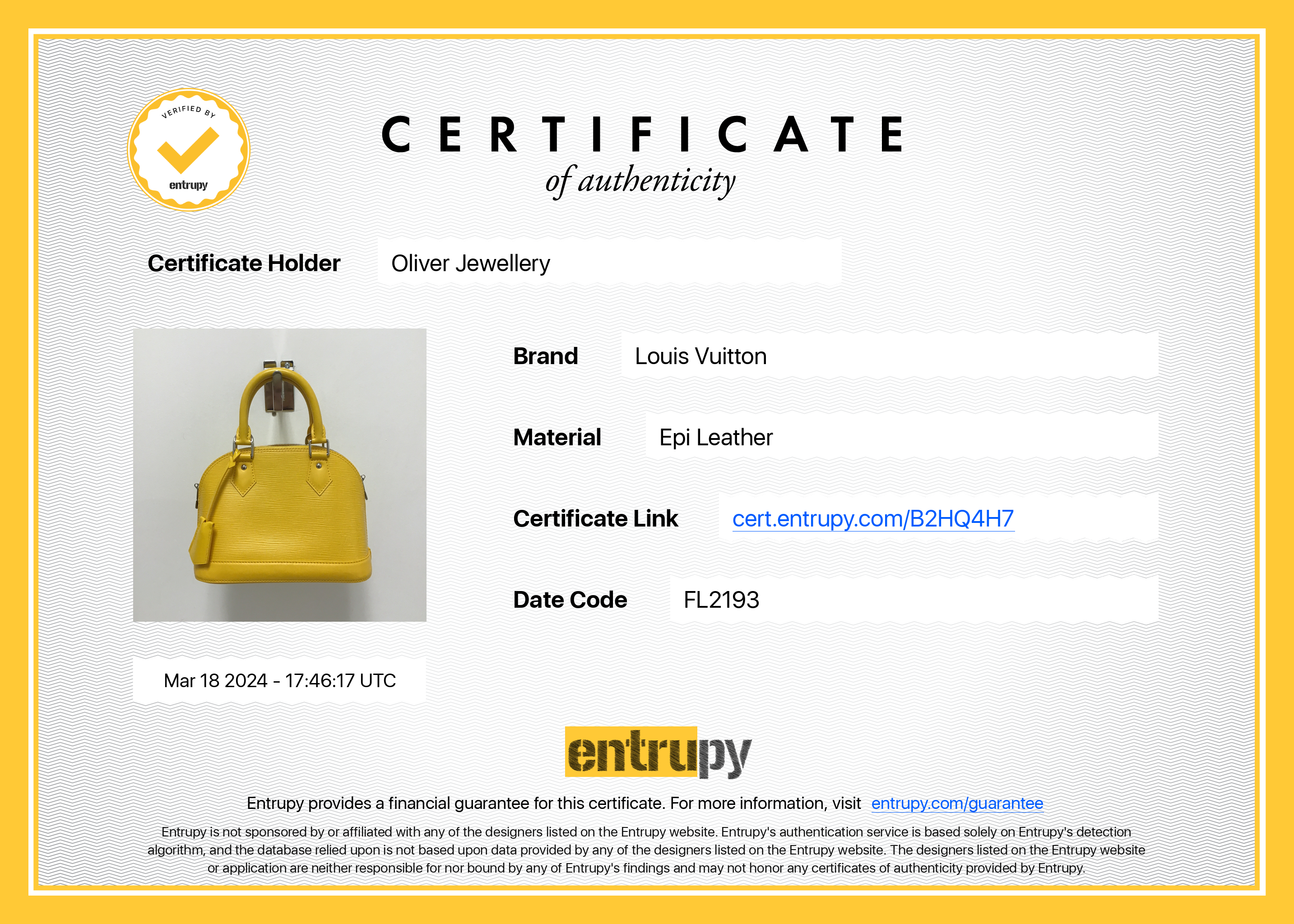 Louis Vuitton Yellow Epi Leather Alma BB w/ Box & Receipt