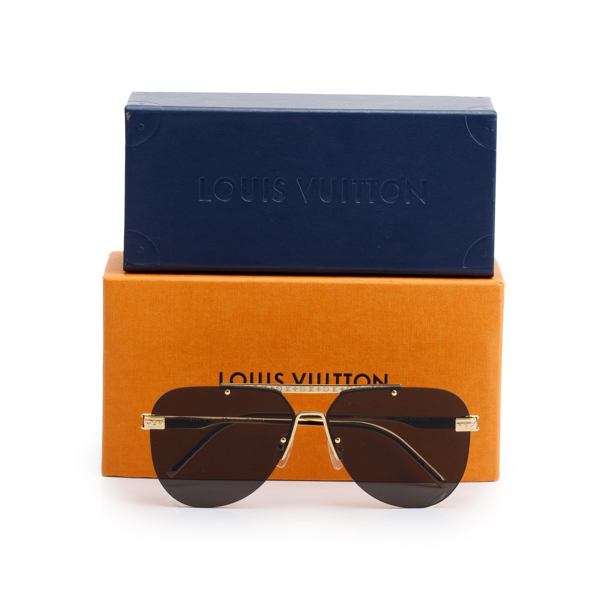 Louis Vuitton Z1262E Gold Tone Metal LV Ash Rimless Pilot Sunglasses w/ Box & Case