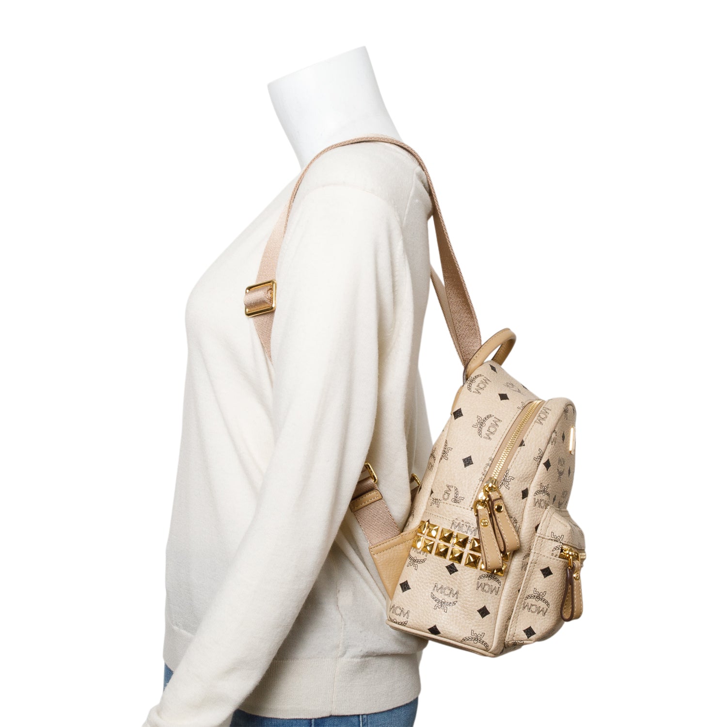 MCM Beige Visetos Side Studs Mini Stark Backpack