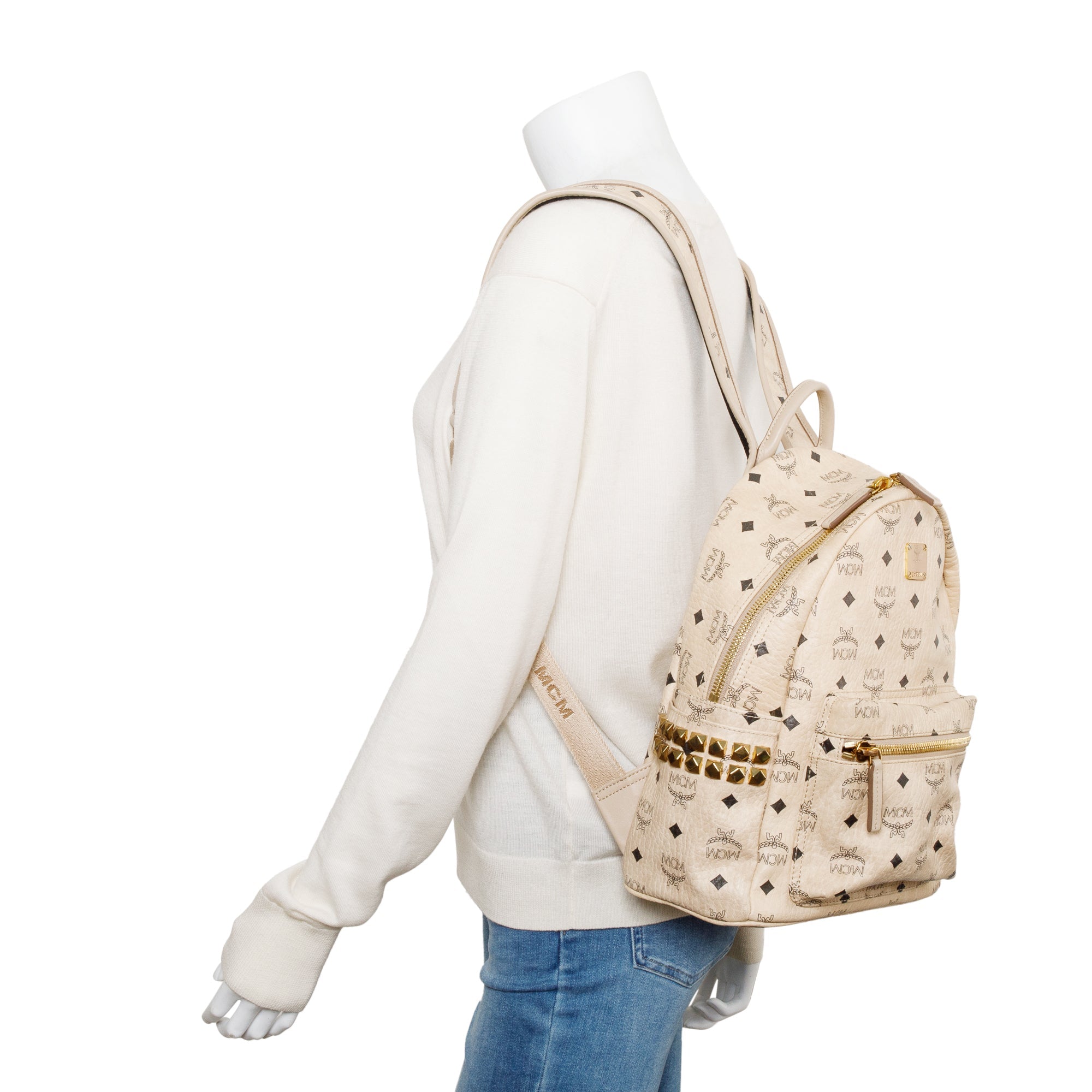 MCM Beige Visetos Side Studs Small Stark Backpack