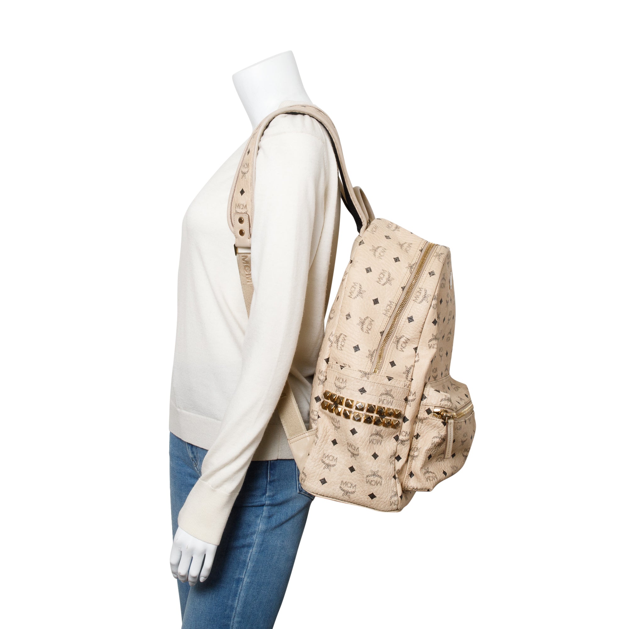 MCM Beige Visetos Stark Side Studs Medium Backpack