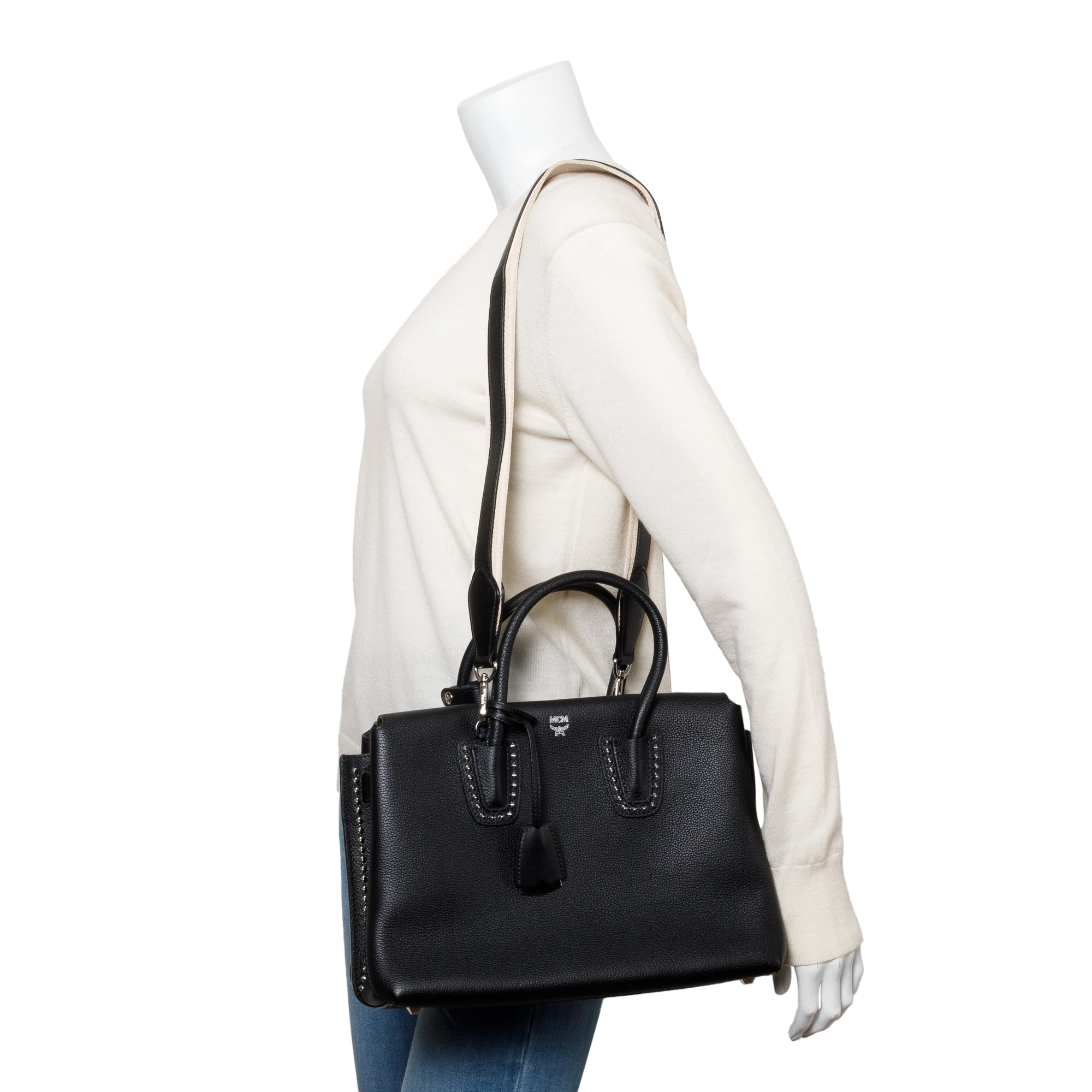 MCM Black Calfskin Leather Studded Medium Milla Tote w/ Strap